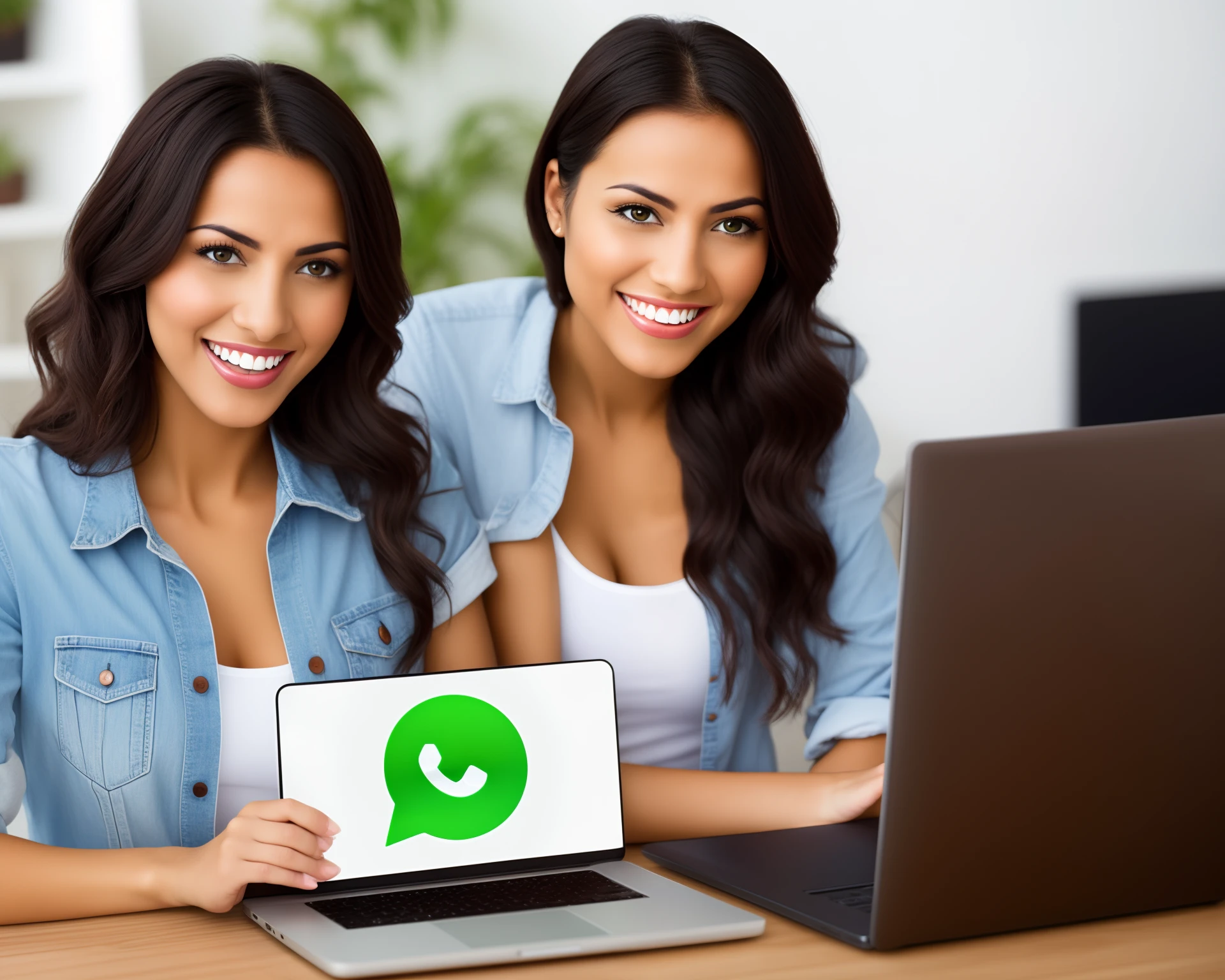 A very happy real woman holding the WhatsApp symbol and another sitting with the same expression on the computer making sales