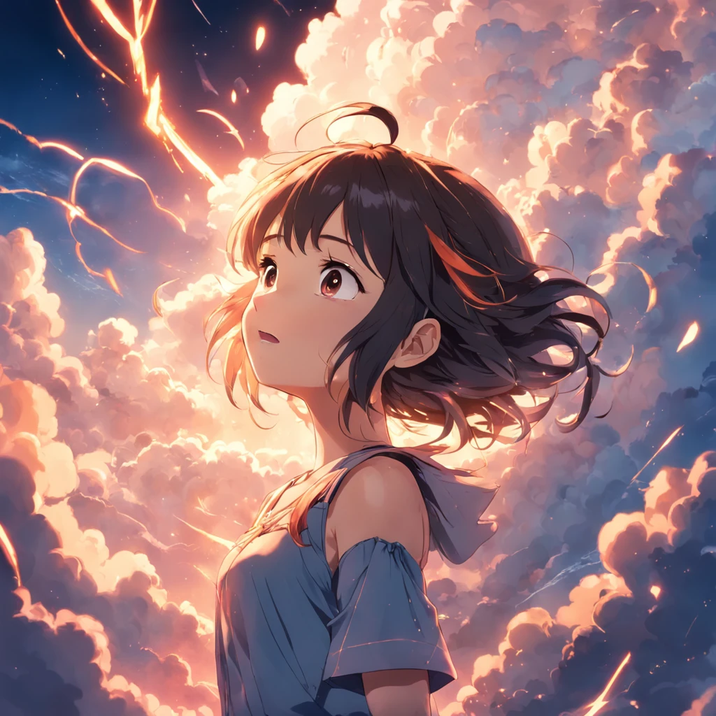 masterpiece, best quality, movie still, 1girl, cloud girl, floating in the sky, close-up, bright, happy, warm soft lighting, sunset, (sparks:0.7)