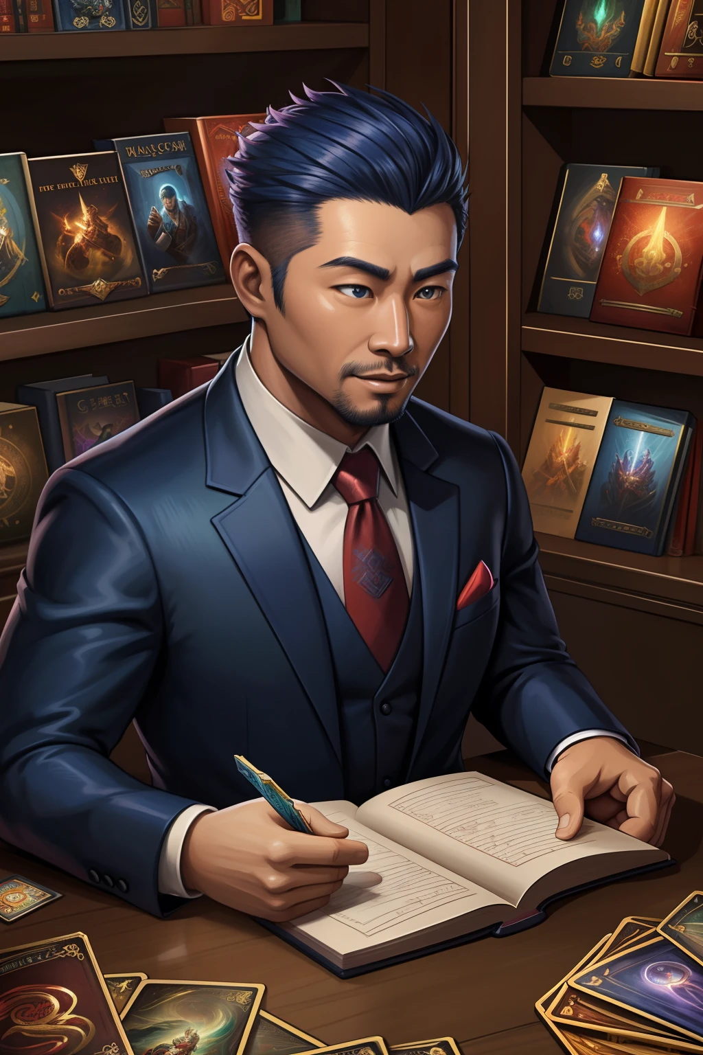 (best qulity,The Masterpiece),(Ultra-detailed colors),A detailed painting depicting A handsome 35-year-old Chinese mature man in a suit surrounded by a flurry of glowing Magic The Gathering cards and the book Dungeons and Dragons in the center.