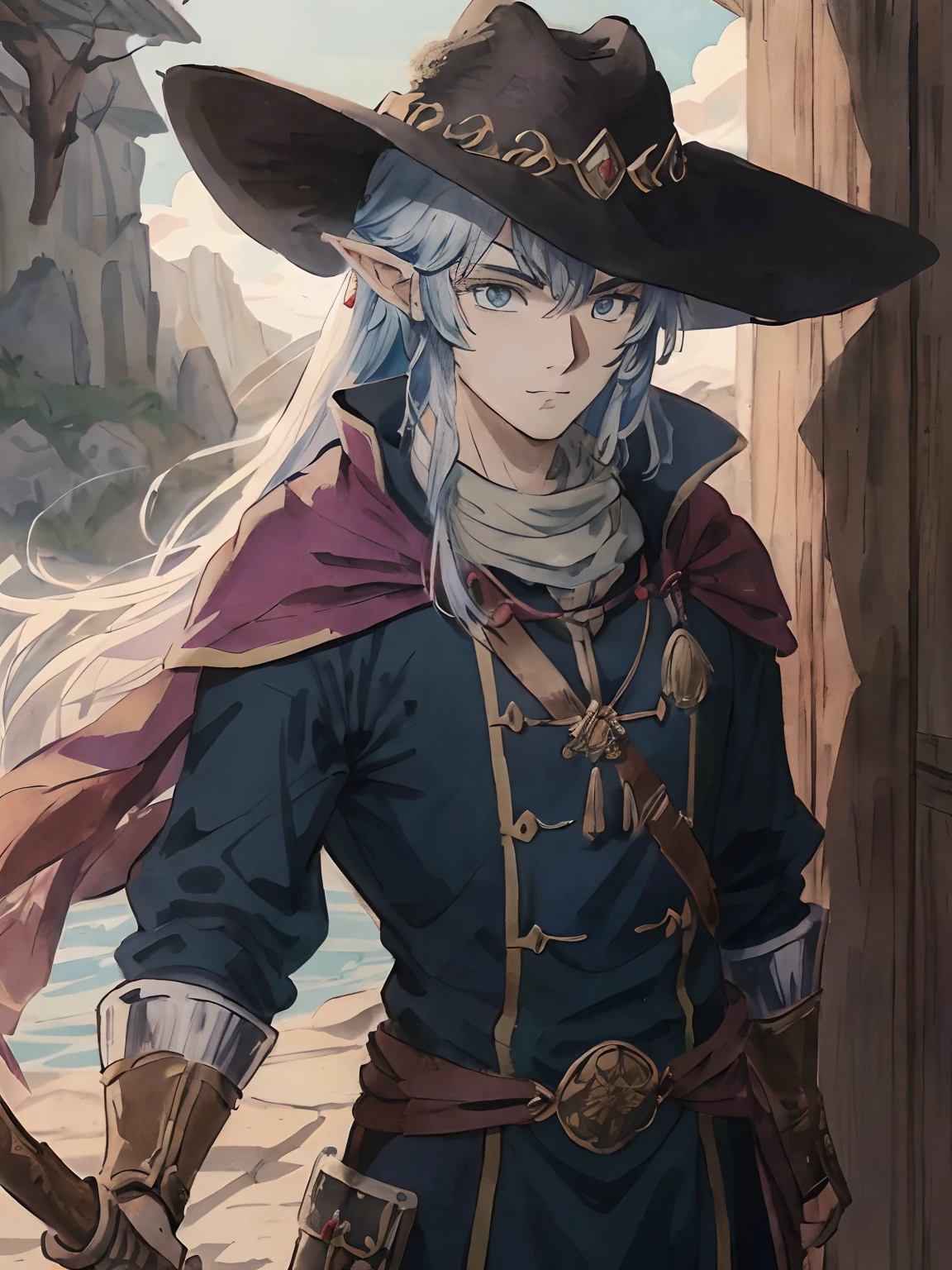 Elfo de anime usando amadrua leve e uma espada, retrato do livro do RPG,(jovem elfo macho guerreiro), escala de cinza, Preto - Mago Cabelo, principalmente escala de cinza, fanart detalhado, Vale de Stardew, sombreamento estilo anime plano, Commission for High Res, Anime estilizado, , Art not Guweiz style, Arte Oficial, Digital anime illustration, Arte estilo Zelda