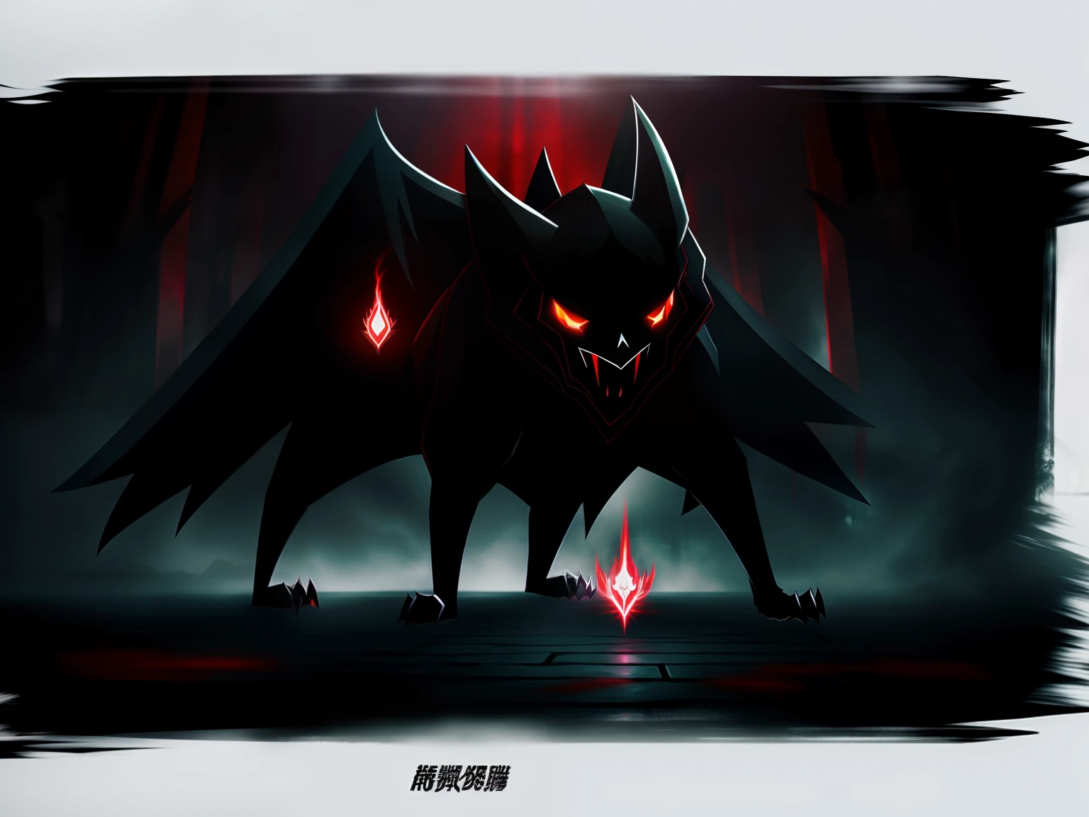 New evil/Ghost-attribute Pokemon,Scary atmosphere,Shadows are shrouded,Spooky look,red color eyes,pitch black skin,Frayed sharp claws,Mysterious magic。