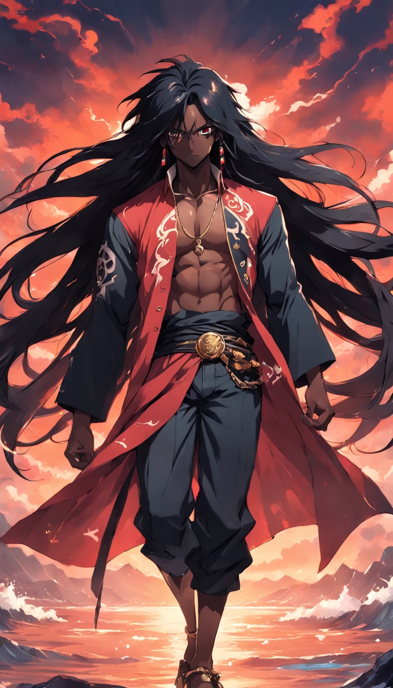a black skinned guy, pirate, long black hairs, red thunder aura, anime style, 4k