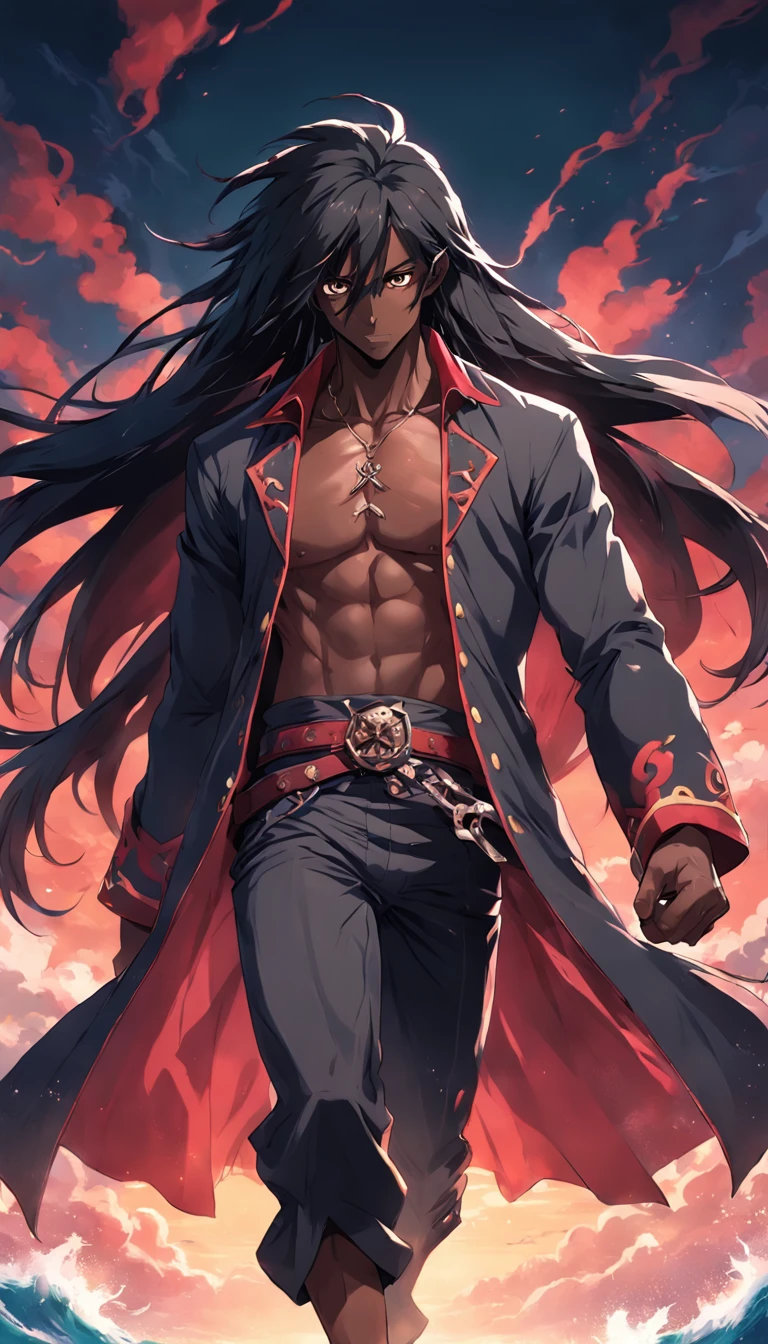 a black skinned guy, pirate, long black hairs, red thunder aura, anime style, 4k