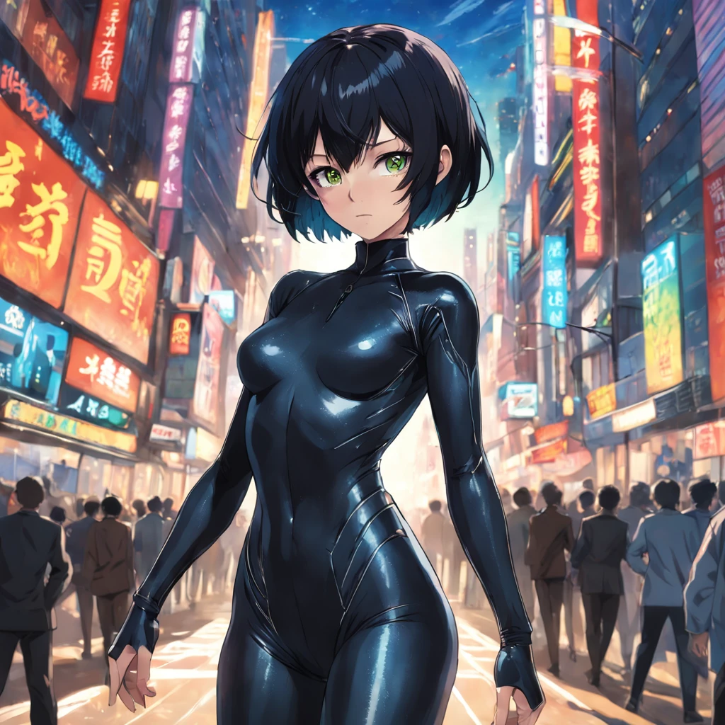 1girl, short black hair, green eyes, wearing skin tight suit, black shorts, city, absurdres, high res, ultrasharp, 8K, masterpiece, looking at viewer, wearing black mask