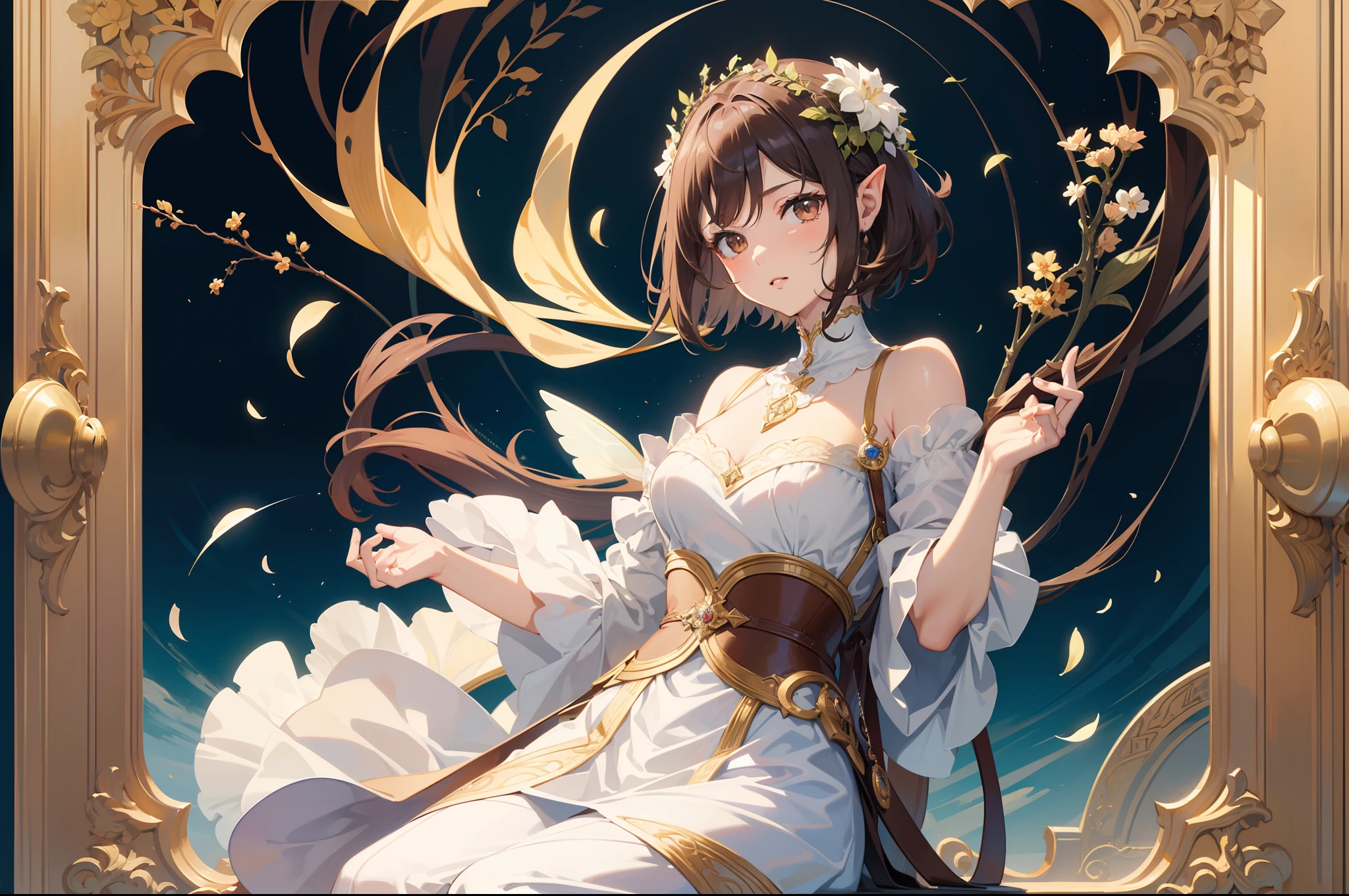 Official Art, Masterpiece European female face,elvish, short hair, lightbrown hair , brown eyes , Flower Frame ,Decorative panel , jugendstil , (masterpiece、top-quality、hight resolution: 1.4),in 8K, Drawing of a woman with short lightbrown hair, brown eyes, Anime Art Nouveau, highly detailed exquisite fanart, anime fantasy illustration, clean detailed anime art, detailed anime art, Sharp Focus, Delicate Beautiful Hair and brown Eyes and Face, realisitic, ultra-detailliert, a beauty girl, fairy