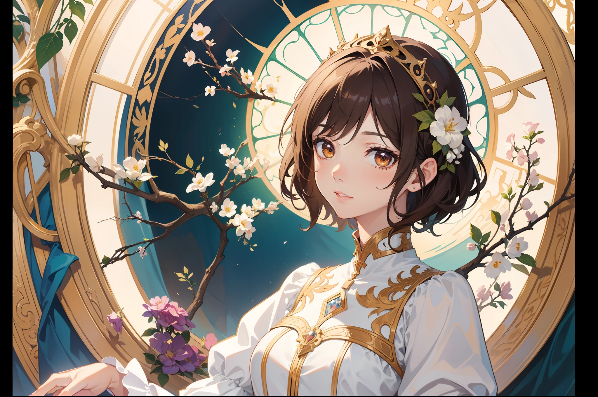 Official Art, Masterpiece European female face,elvish, short hair, lightbrown hair , brown eyes , Flower Frame ,Decorative panel , jugendstil , (masterpiece、top-quality、hight resolution: 1.4),in 8K, Drawing of a woman with short lightbrown hair, brown eyes, Anime Art Nouveau, highly detailed exquisite fanart, anime fantasy illustration, clean detailed anime art, detailed anime art, Sharp Focus, Delicate Beautiful Hair and brown Eyes and Face, realisitic, ultra-detailliert, a beauty girl, fairy