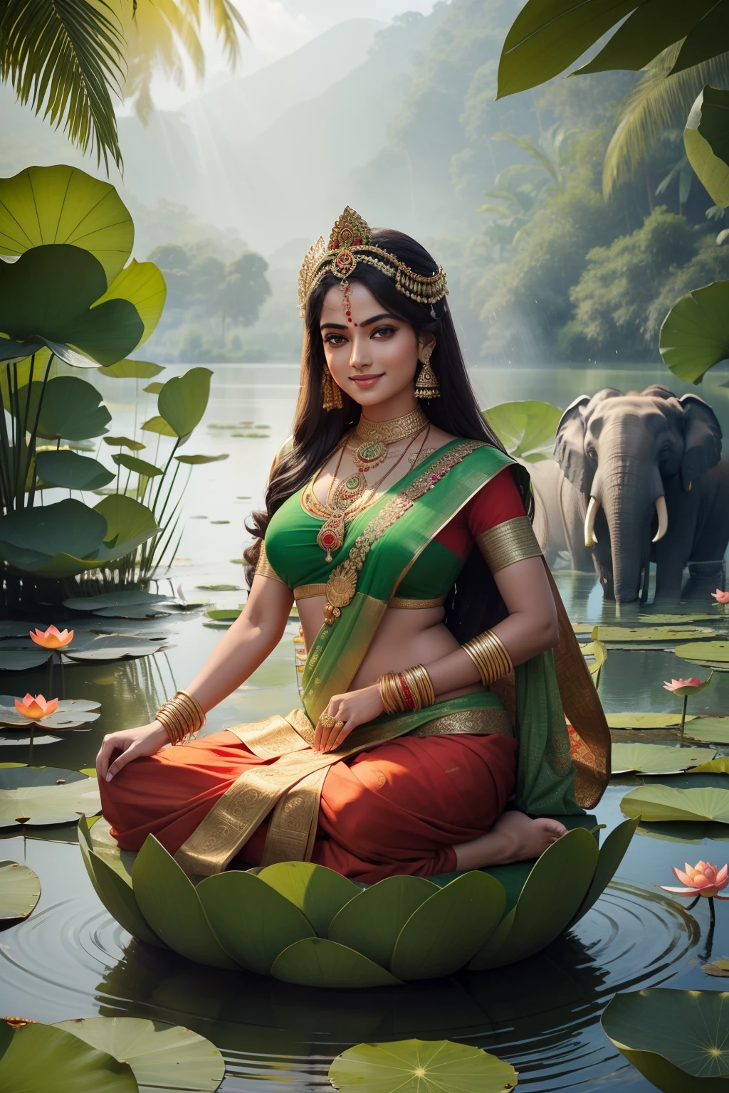 Create Indian Godess Laxmi Devi with smile on her face and wearing Green Color Saree and Red Color Blouse, sitting on a Big Lotus flower in the middle of a water pond, two elephants each standing besides her and the elephants raised their trunks and showering gold coins on her