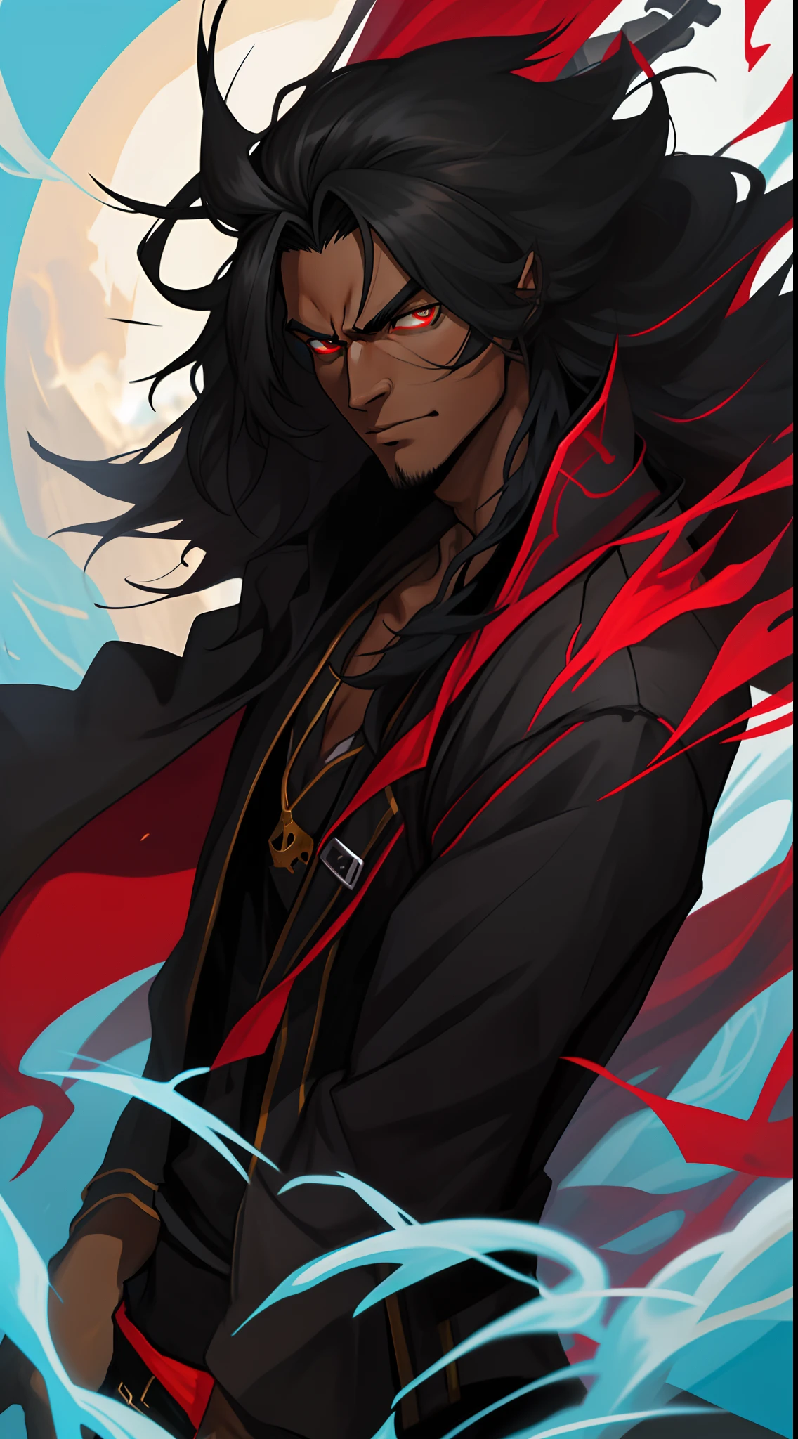 a black skinned guy, pirate, long black hairs, red thunder aura, anime style, 4k