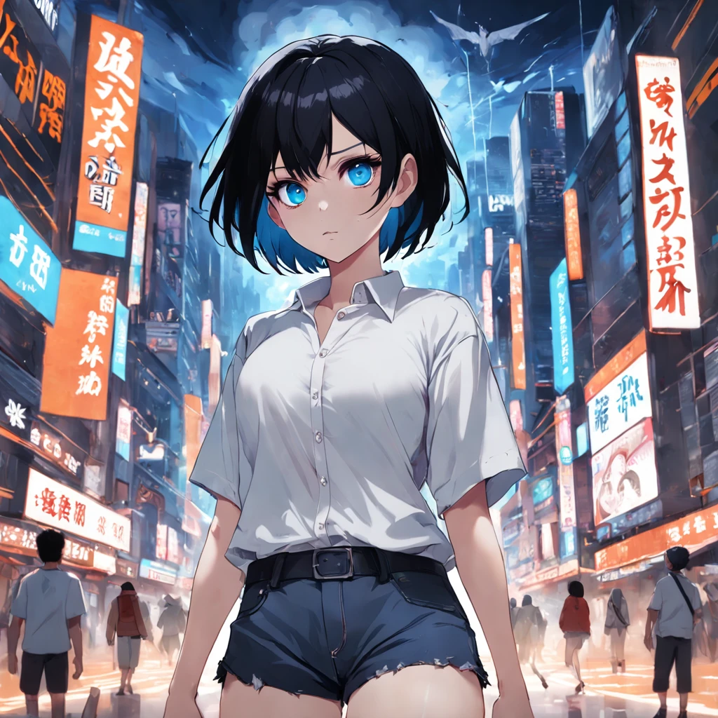 1girl, short black hair, blue eyes, wearing plain white shirt, denim shorts, city, absurdres, high res, ultrasharp, 8K, masterpiece, looking at viewer, viper valorant, black mask