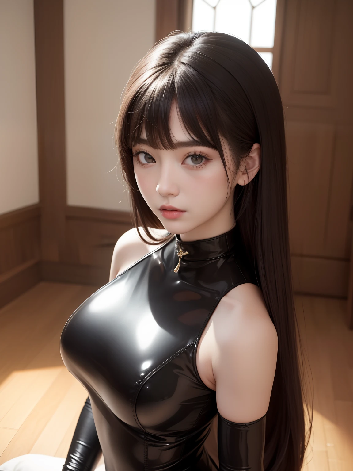 Beautiful big breasts， （Bokeh）， inside in room， Detailed luxury living room， （Small_Head）， Gentle and charming beautiful goddess， Korea（K-pop idols）， 独奏， （areola of breast）， （cleavage）， delicate and sexy（鎖骨：1.3）， slick skin， choker necklace， brunette color hair， long legged， short detailed hair， Oval shaped face， 二重まぶた， clever， nice hand，good feet， naturey（Colossal tits:1.25）， bare shoulders​， extremely tight black latex catsuit，Black latex jumpsuit that wraps around the whole body，Thin fabric，(Sit on the ground and kneel）， （femele：1.35）， （from below angle）， （Glow Skin：1.05）， （low angles））， perfect bodies， （64k uhd， hyper HD， RAW Photos， best qualtiy， tmasterpiece：1.4）， （realisticlying， photos realistic：1.37）， 超A high resolution， photon maping， Radio City、physically-based renderingt、Professional soft lighting