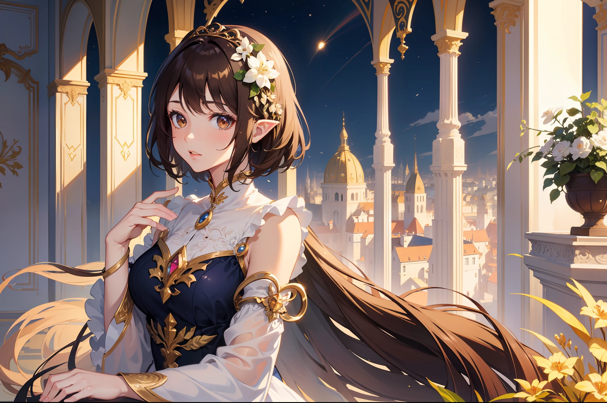 Official Art, Masterpiece European female face,elvish, short hair, lightbrown hair , brown eyes , Flower Frame ,Decorative panel , jugendstil , (​masterpiece、top-quality、hight resolution: 1.4),in 8K, Drawing of a woman with short lightbrown hair, brown eyes, Anime Art Nouveau, highly detailed exquisite fanart, anime fantasy illustration, clean detailed anime art, detailed anime art, Sharp Focus, Delicate Beautiful Hair and brown Eyes and Face, realisitic, ultra-detailliert, a beauty girl, fairy
