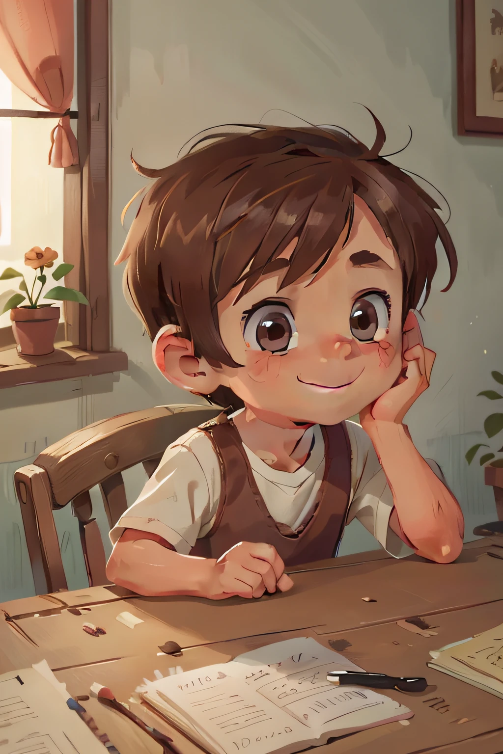 JOHN, a poor boy, 8 years old, cute, brown hair, perfect look, perfect face, kind look, kind smile, in a modest house