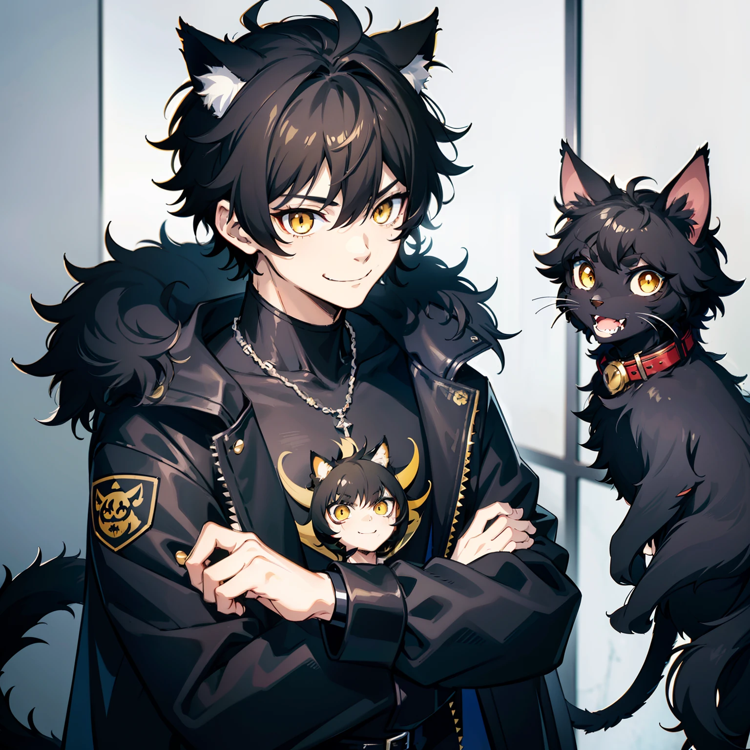 ultra detailed, best quality, finely detail, anime boy, neko, 1 boy, male, black hair, short hair, messy spiky hair, volumous messy hair, cat ears, animal ears, black feline tail, black shirt over coat, black shorts, casual clothes, evil smile, relaxed expression, smile, white eyes, yellow pupils, red nose