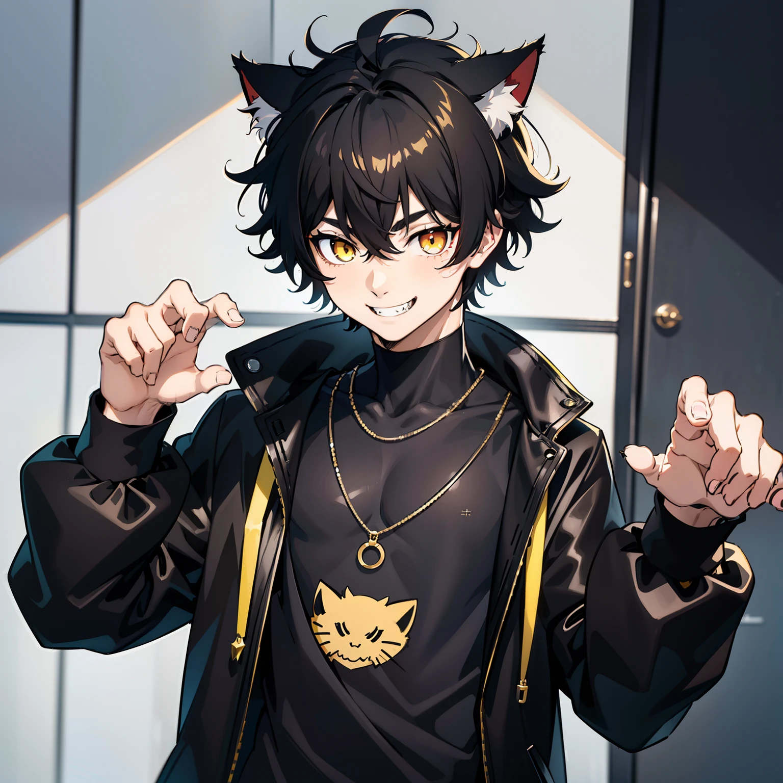 ultra detailed, best quality, finely detail, anime boy, neko, 1 boy, male, black hair, short hair, messy spiky hair, volumous messy hair, cat ears, animal ears, black feline tail, black shirt over coat, black shorts, casual clothes, evil smile, relaxed expression, smile, white eyes, yellow pupils, red nose