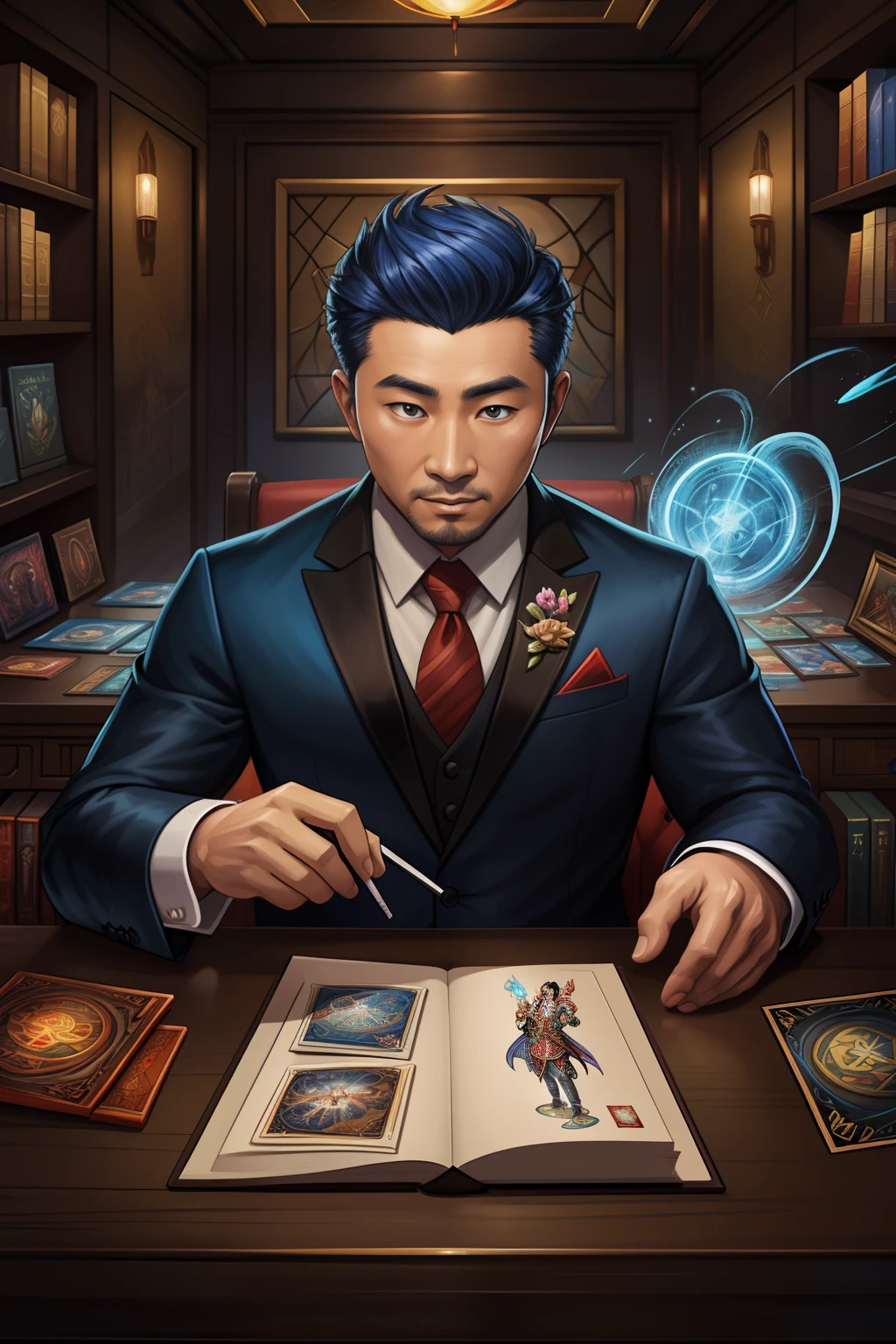 (best qulity,The Masterpiece),(Ultra-detailed colors),A detailed painting depicting A handsome 35-year-old Chinese mature man in a suit surrounded by a flurry of glowing Magic The Gathering cards and the book Dungeons and Dragons in the center.