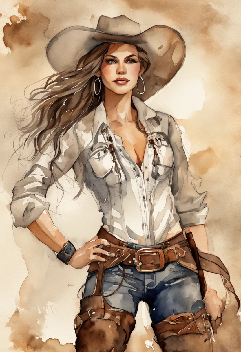 1 mulher, cowgirl, anatomia perfeita, corpo inteiro, cabelos pretos, olhando para o observador, long eyelashes, kalap, colete de couro, camisa branca amarrada na cintura, cinto de cowboy com fivela prata, shorts jeans, pantyhose, cowboy boots, old west cenário, golden hour