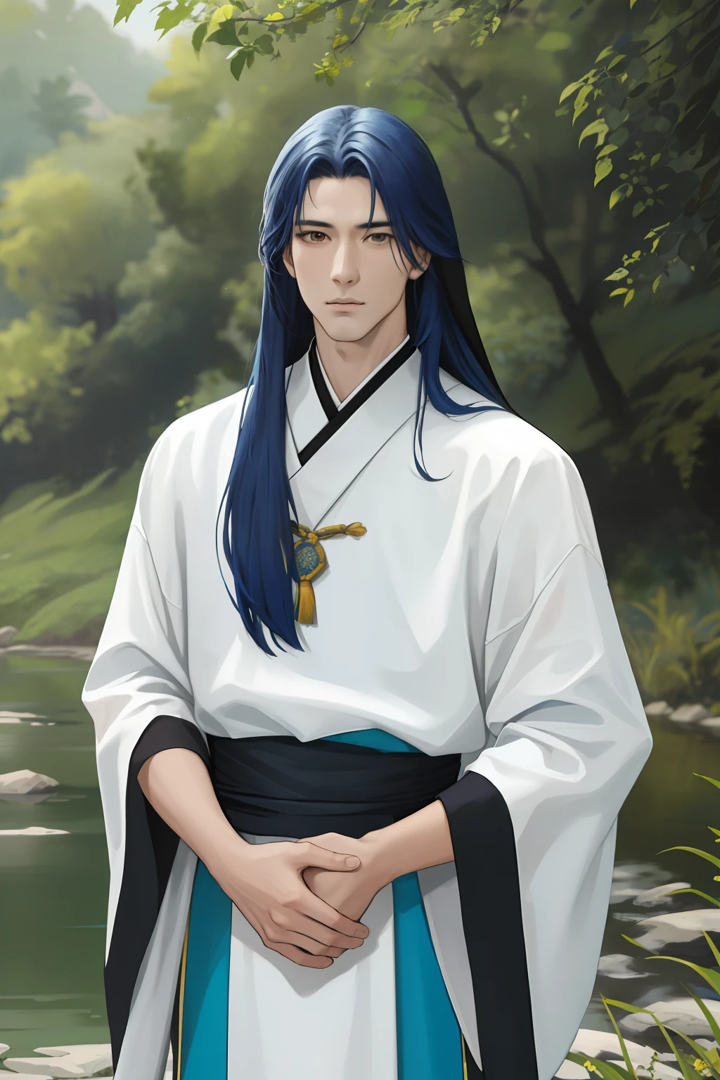 NSFW, obra-prima, melhor qualidade, ultra-detalhado, semi-realista, detailedfacialfeatures, casal, 1homem adulto, usando roupa hunfa masculina antiga wuxia, cabelos compridos, cor negro, olhos escuros, manly, goodlooking,alto e forte,distinto senhor altivo,honrado,serious man e 1mulher adulta, usando roupa feminina hunfa antiga wuxia escuro, cabelos compridos , cor louro, olhos escuros,muito bonita,voluptuosa,distinta senhora altiva,honrada, wife next to her husband near the banks of a large river