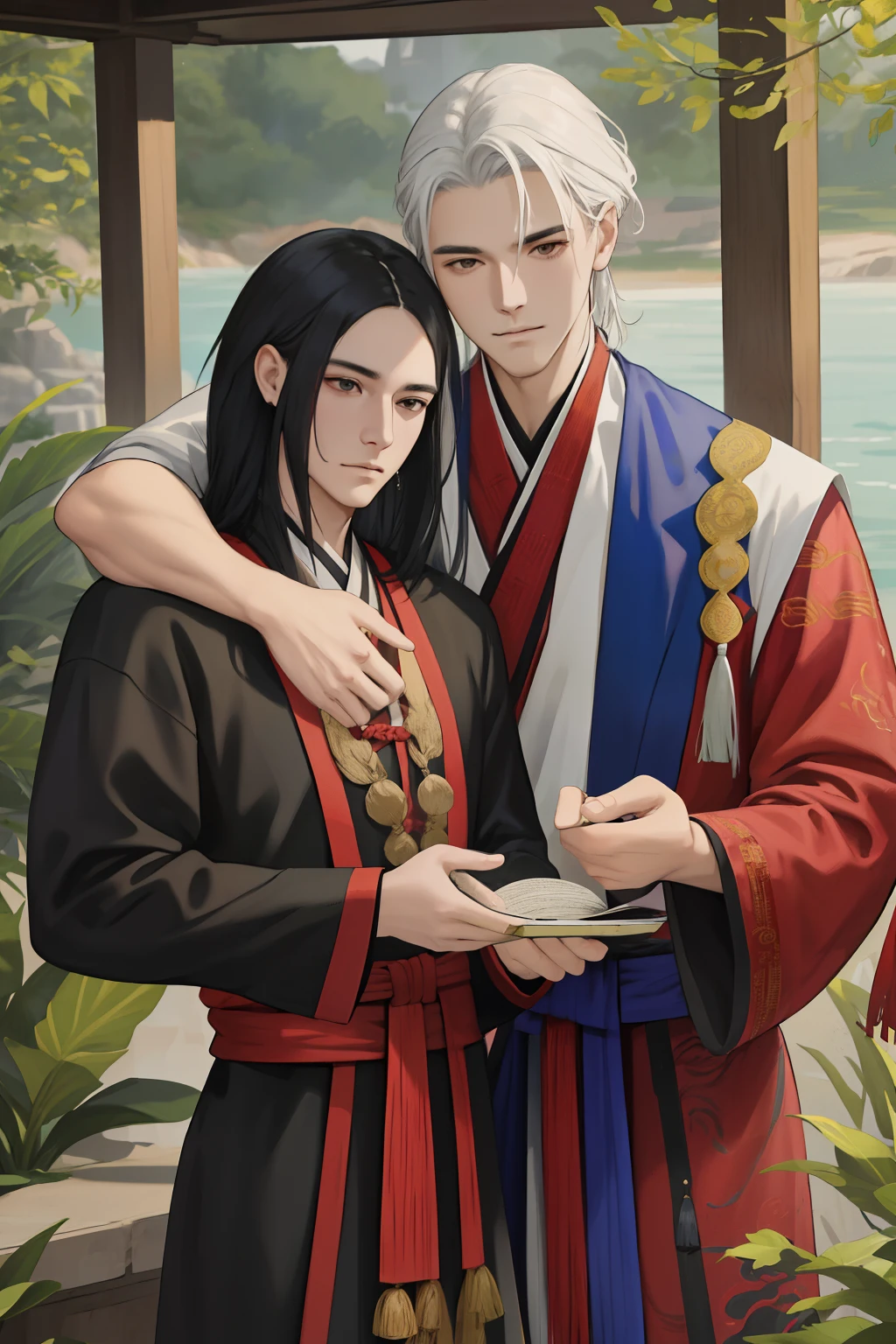 NSFW, obra-prima, melhor qualidade, ultra-detalhado, semi-realista, detailedfacialfeatures, casal, 1homem adulto, usando roupa hunfa masculina antiga wuxia, cabelos compridos, cor negro, olhos escuros, manly, goodlooking,alto e forte,distinto senhor altivo,honrado,serious man e 1mulher adulta, usando roupa feminina hunfa antiga wuxia escuro, cabelos compridos , cor louro, olhos escuros,muito bonita,voluptuosa,distinta senhora altiva,honrada, wife next to her husband near the banks of a large river