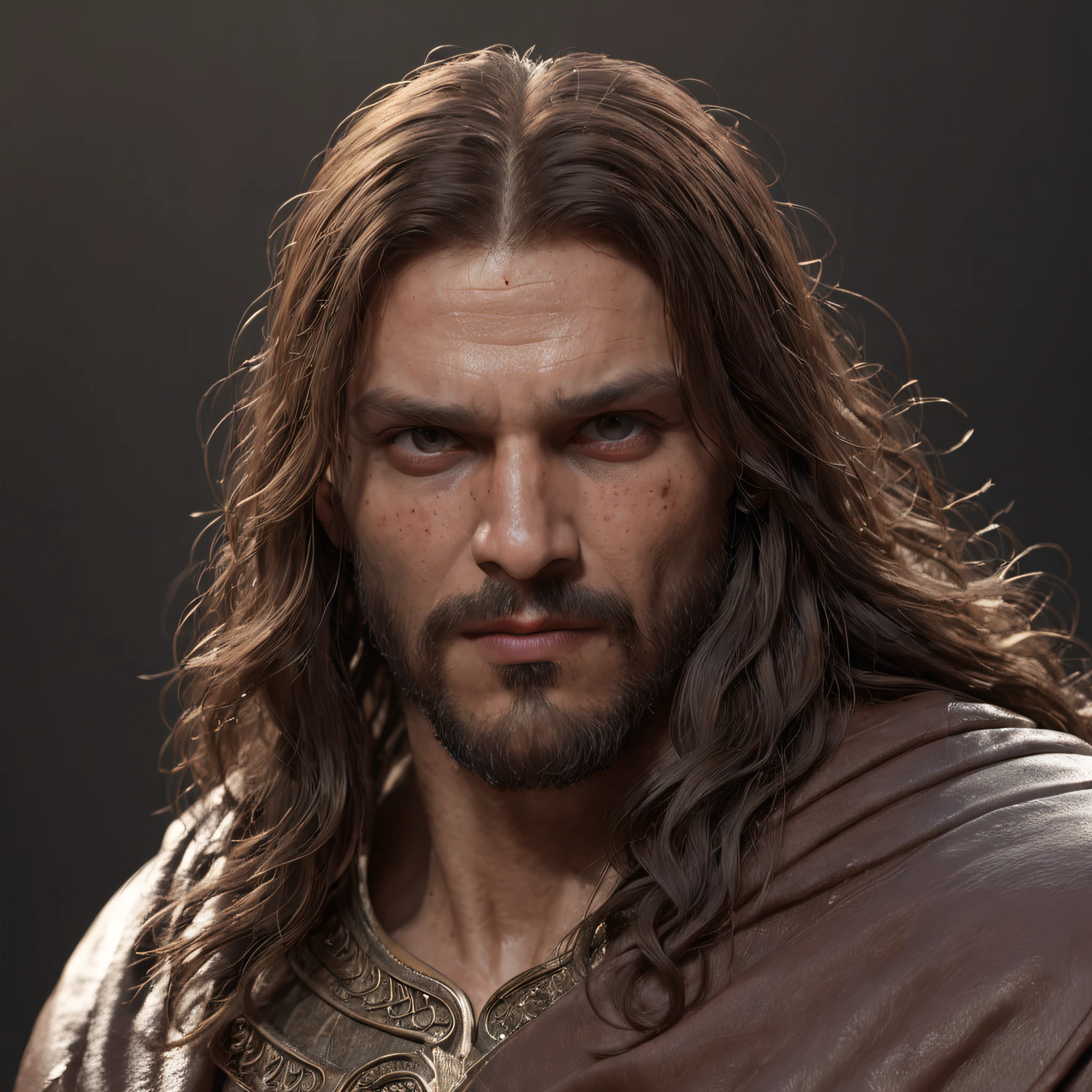 (Professional 3D rendering:1.3) de (Realistic:1.3) Foto de arte mais bonita do mundo,Apresenta Jesus Cristo suaves e brilhantes, ((Epic hero fantasy rough muscular man wet hero angry look long hair short beard and fierce expression in dynamic pose, fantastic location, majestoso ambiente desordenado)), corpo inteiro 8k unidade render, action shot, poros da pele, very dark lighting, sombreamento pesado, circunstanciado, Rosto detalhado, (vibrante, fotogrdeia realista, Realistic, Dramatic, Escuro, foco nítido, 8k), (Old leather clothes damaged by bad weather:1.4), ((((Use peles)))), (intrincado:1.4), decadente, (altamente detalhado:1.4), pintura digital, rendering by octane, art stations, Conceito-Arte, liso, foco nítido, illustration, germe da arte, (Loish:0.23), Wlop Ilya Kuvshinov, e Greg Rutkowski e Alphonse Mucha Gracias, (global ilumination, studiolight, Light Volumetric), chuva forte, floating particles, patife, fantasia, Onze, corpo inteiroesbian, ((Fundo escuro e antigo da cidade:1.3)),CGSesociedade,art stations