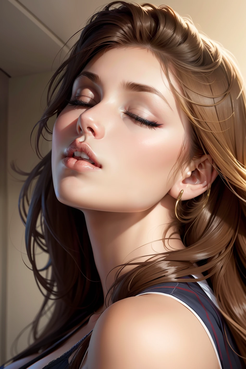 lucy pinder, portrait, beautiful lips, eyes closed, mouth open, looking up, from the side, focus from above, satisfied.
