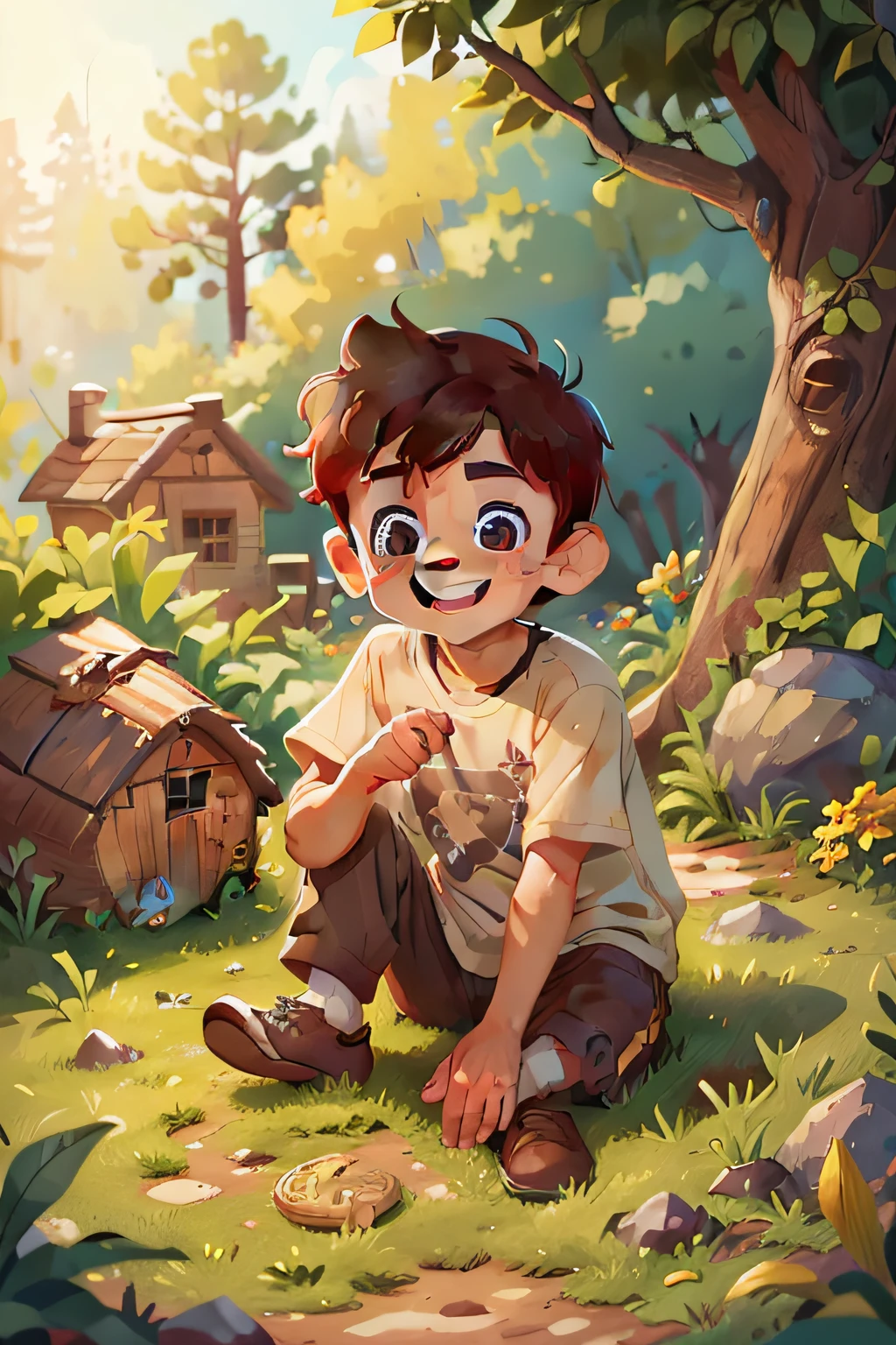 JOHN, a poor boy, 8 years old, cute, brown hair, perfect look, brown eyes, perfect face, kind look, kind smile, playing in the garden near his humble cabin on the hill, with a hole in his shirt, happy, holding a shinning gold coin in his hands