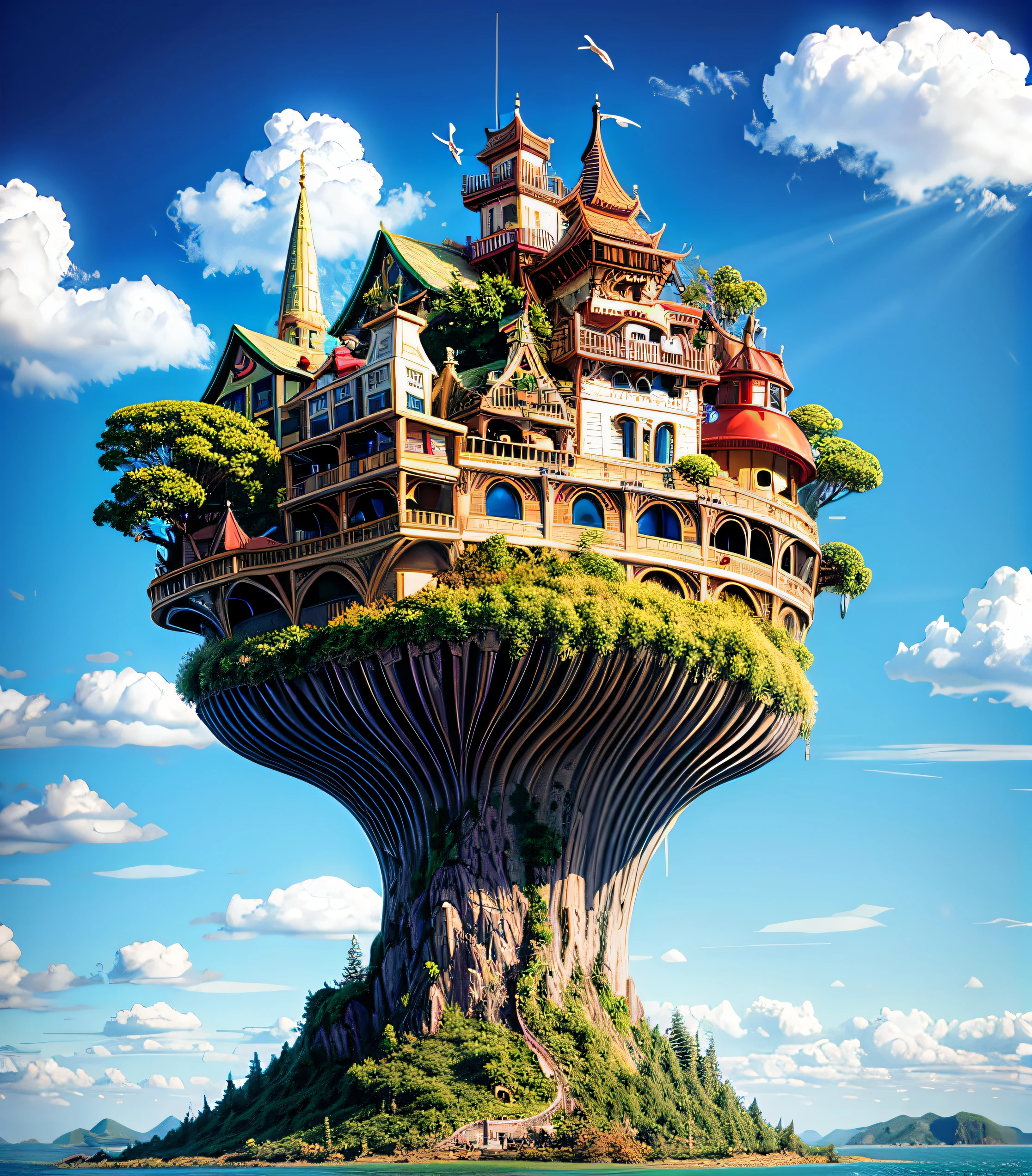 Paint a surreal themed oil painting about a floating island,There are huge clock gears on the island,And there are mysterious creatures inhabited。