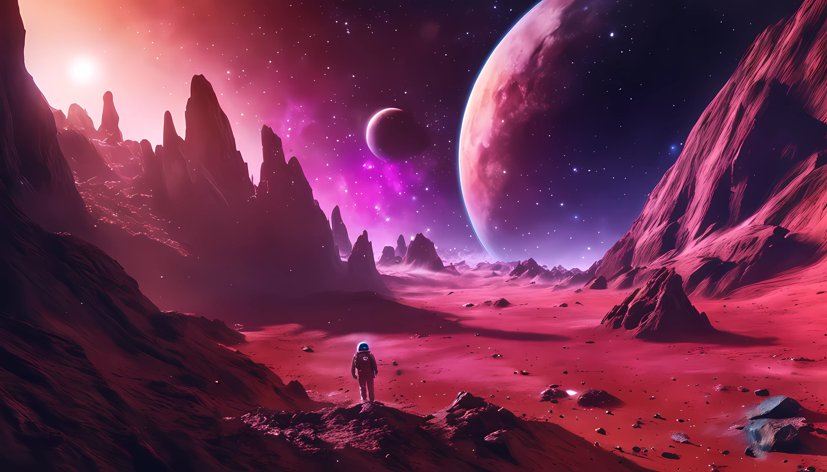 A lone astronaut drifts in the cosmic void, surrounded by shimmering stardust and distant galaxies. Capture the breathtaking vastness of space and the human spirit of exploration