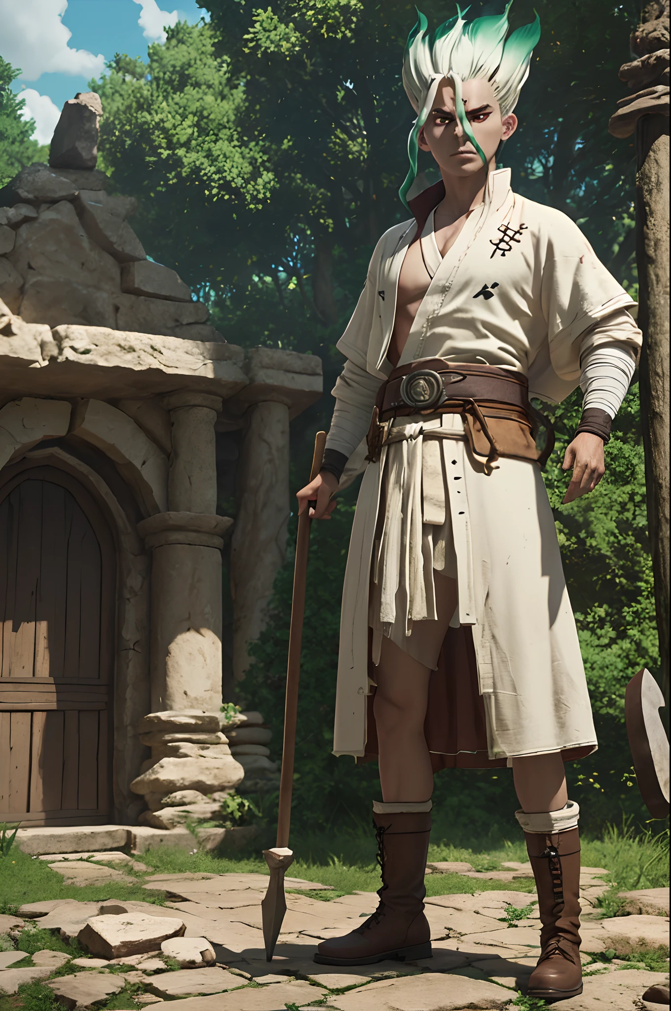 ishigami_senkuu, dr. stone, gradient hair from white to green, light red eyes, leather white robe, ancient white waist bag, primitive boots, white cloth around the wrist, stone age, clay forge, stone axe, stone hammer, masterpiece, intricate detailed, hyperrealistic, cinematic, 8K, perfect composition, high contrast, highres, unreal engine 5, cinematic light, professional lighting,