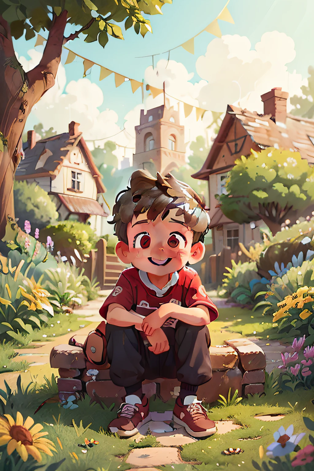 JOHN, a poor boy, 8 , cute, brown hair, perfect look, brown eyes, perfect face, kind look, kind smile, in the garden, watching the village where he used to live, feeling happy