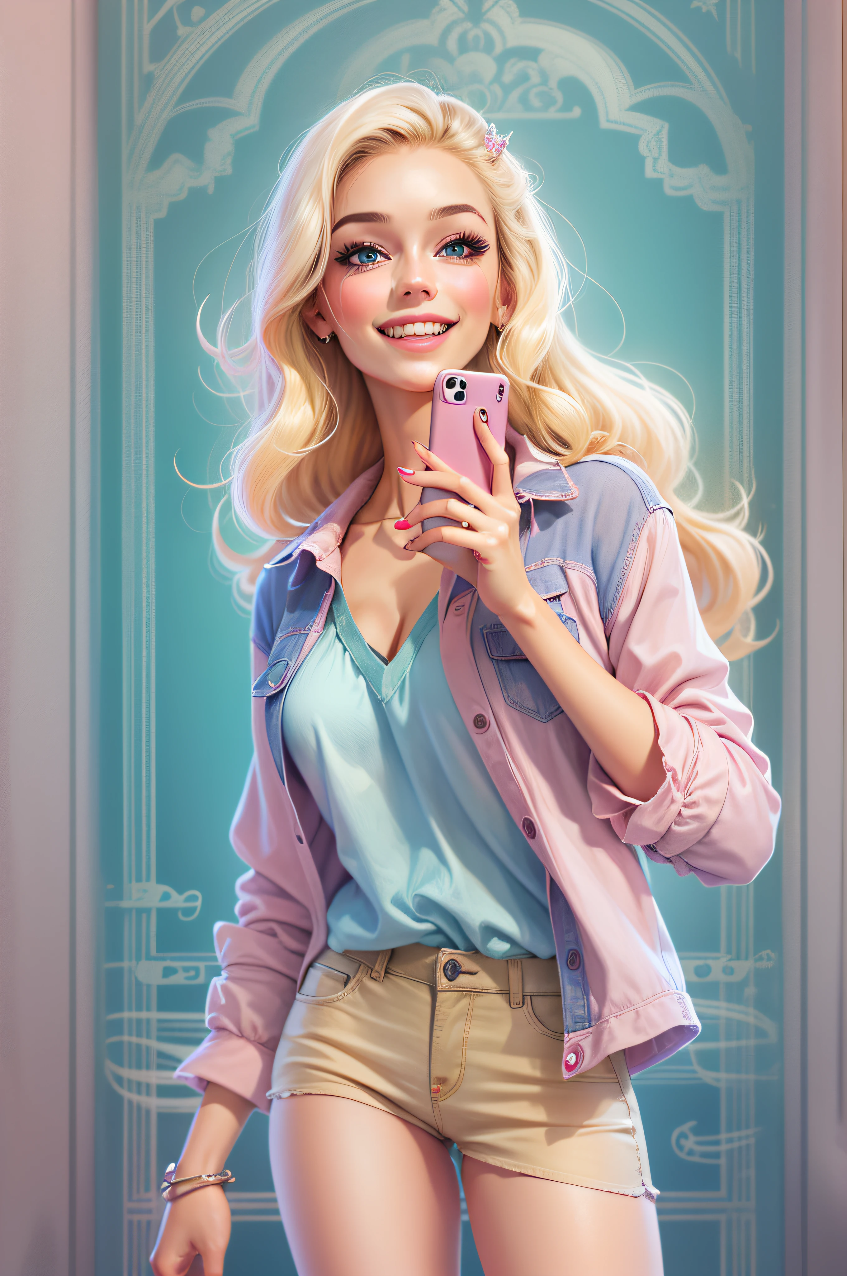digital illustration, a happy girl with light blonde hair, talking on the cell phone, pink shirt, dark, lit blue eyes, smiling, open framing, full body. Barbie style, clothing details. angelic beauty, neutral background with nothing.