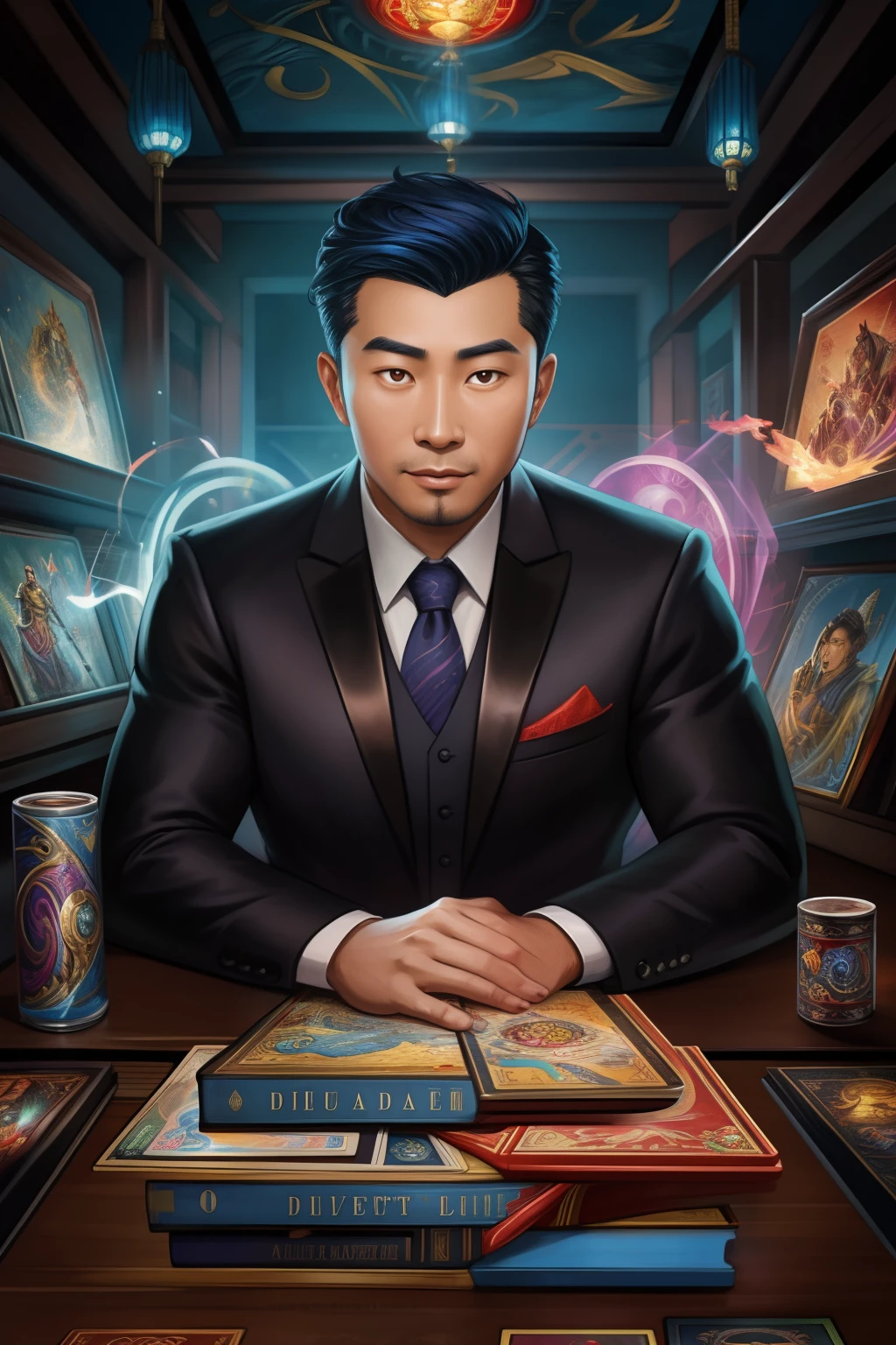 （best qulity，The Masterpiece），（Ultra-detailed colors），A detailed painting depicting A handsome 35-year-old Chinese mature man in a suit surrounded by a flurry of glowing Magic The Gathering cards and the book Dungeons and Dragons in the center.