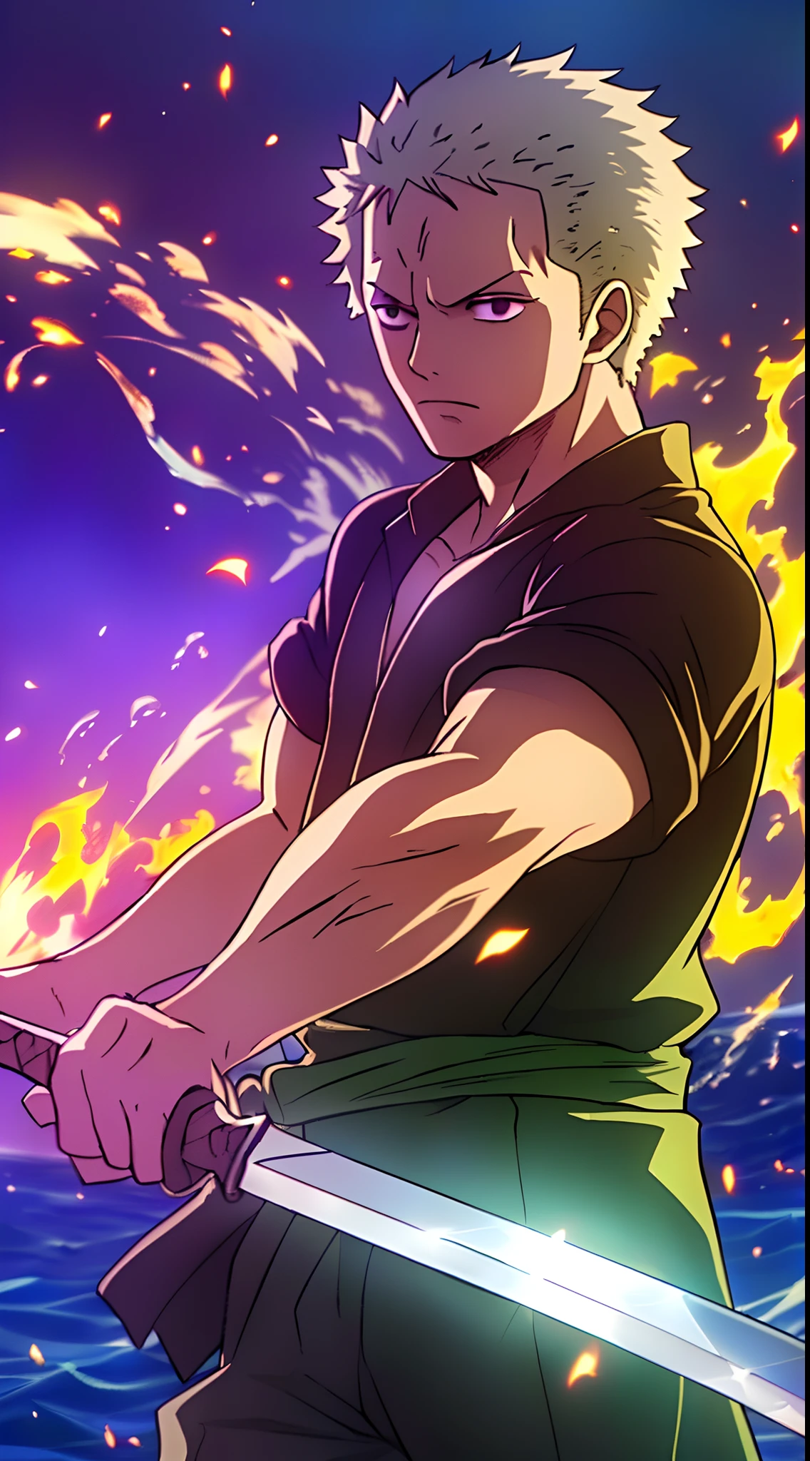 1boys, wanostyle, Roronoa Zoro, Holding two swords, look viewer, Whole Body, ((masterpiece)), (Best quality), (Extremely detailed), Depth of field, sketch, dark intensive shadows, Sharp focus quality, hdr, Colorful, Good composition, Purple fire on swords, spectacular, Closed shirt, Anime screenshots, getting ready to fight, Dark eyes，deep of field，ocean background，ship，sunrays，black clothes.