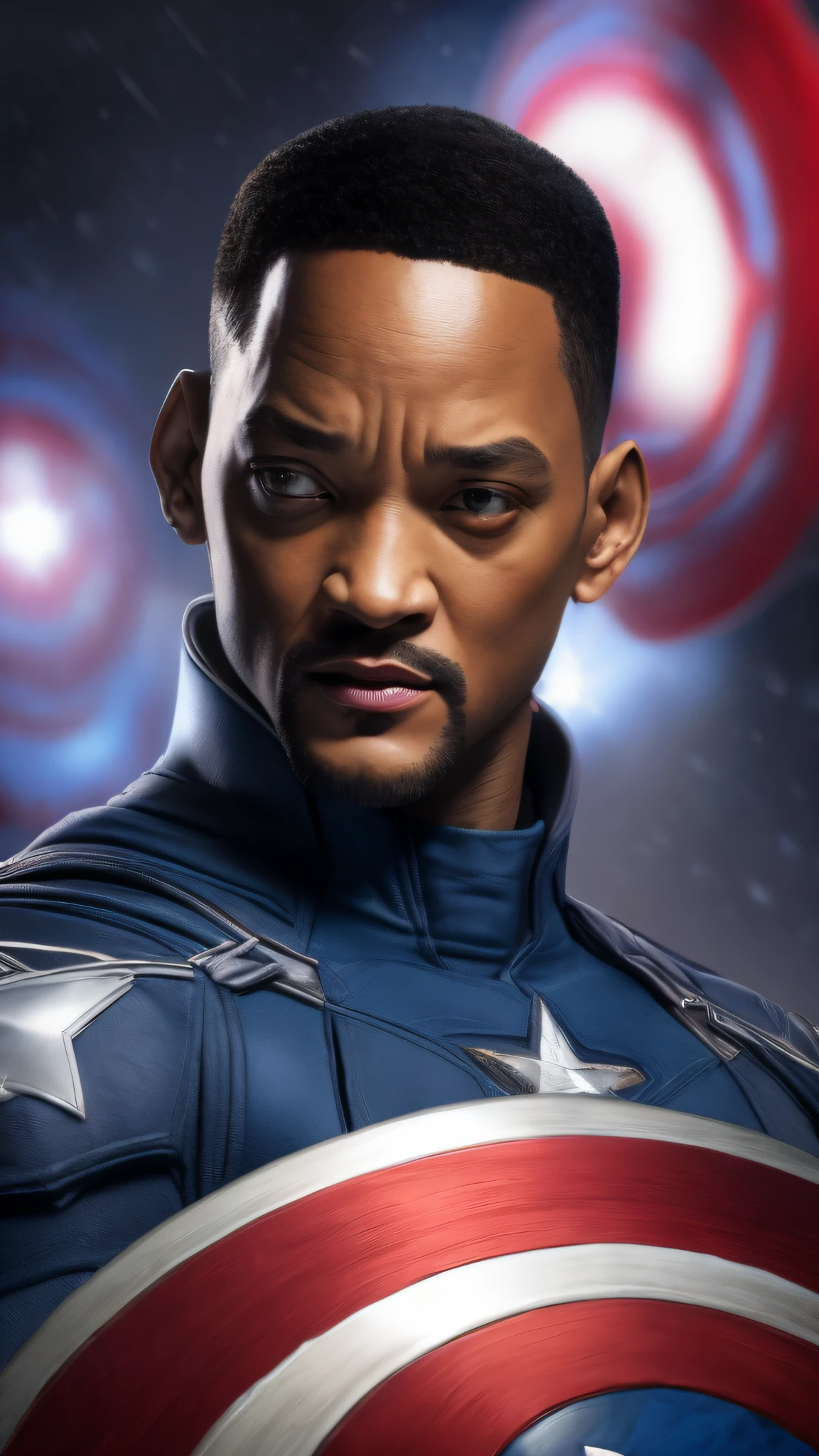 . Tarantino style Will Smith as Captain America 8k, high definition, detailed face, detailed face, detailed eyes, detailed suit, in style of marvel and dc, hyper-realistic, + cinematic shot + dynamic composition, incredibly detailed, sharpen, details + superb details + evening with light + perfectionism + award winning realism ((moody lighting))