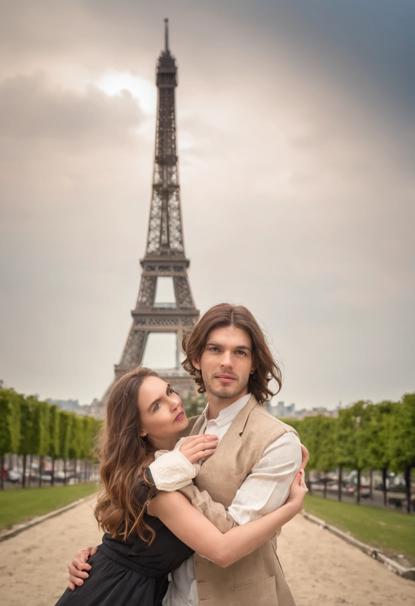 homem (masculino) e mulher (feminino) atraente proximos a torre eiffel, Cabelos castanhos, Pose atraente, Sun behind, vista atraente