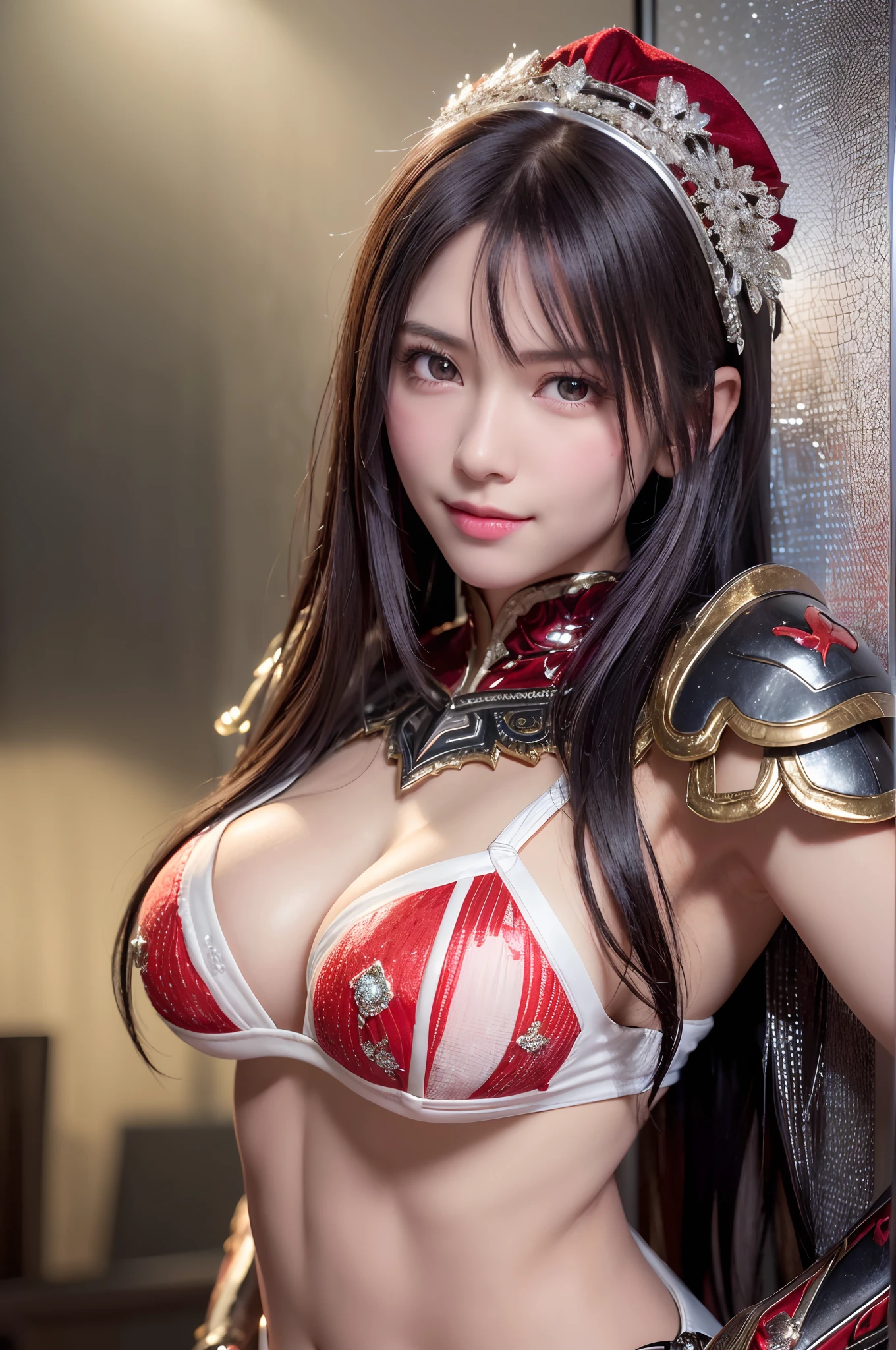 (8K,Photorealsitic　RAW Photography　top-quality;1.4)(1GIRL)　Super beauty　(lifelike face)　(Perm with long black hair)　Beautiful red and white armor　Tempting viewers　large full breasts　(real looking skin)　(Female braves)　enticing　A hyper-realistic　超A high resolution　A hyper-realistic　high detal　Muscular macho with a thin body　a smile