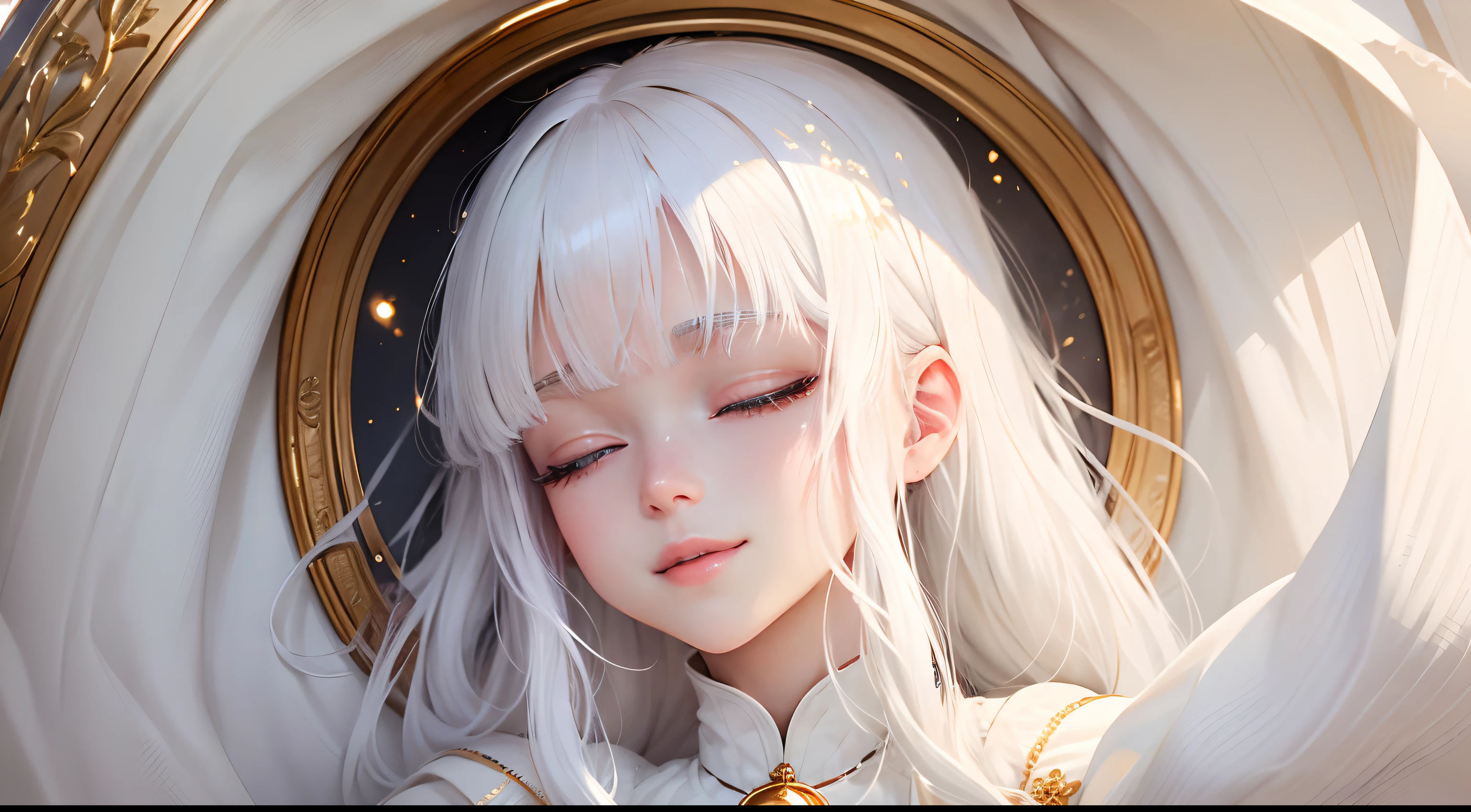 best quality, white hair, gold eyes, white clothes, looking up, hair strand, Fair skin, smiling, are sleeping