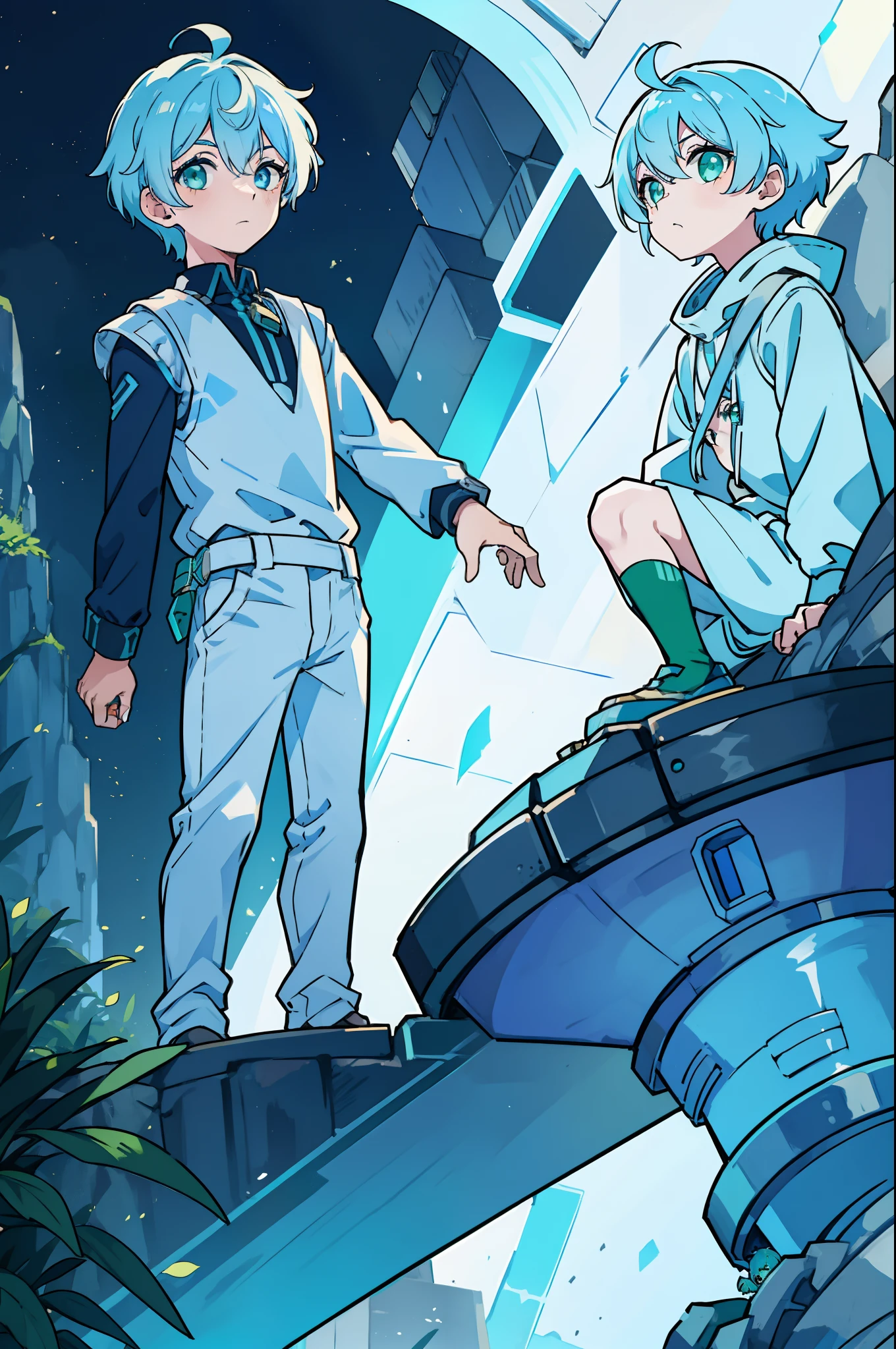 2boys, light blue hair, light green eyes, from below, looking at viewer, teen , shrinking ,miniboy,