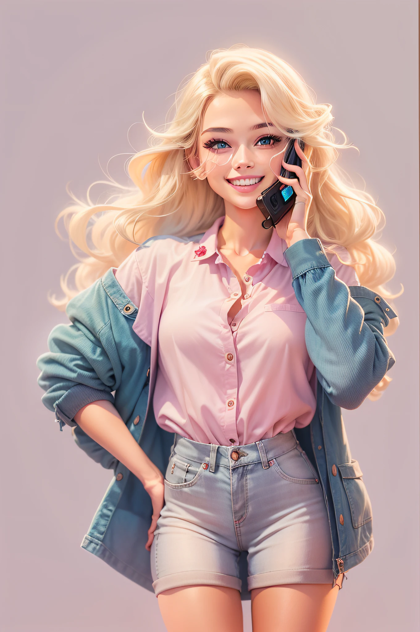 digital illustration, a happy girl with light blonde hair, talking on the cell phone, pink shirt, dark, lit blue eyes, smiling, open framing, full body. Barbie style, clothing details. angelic beauty, neutral background with nothing.