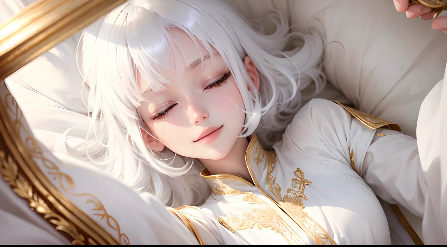 best quality, white hair, gold eyes, white clothes, looking up, hair strand, Fair skin, smiling, are sleeping