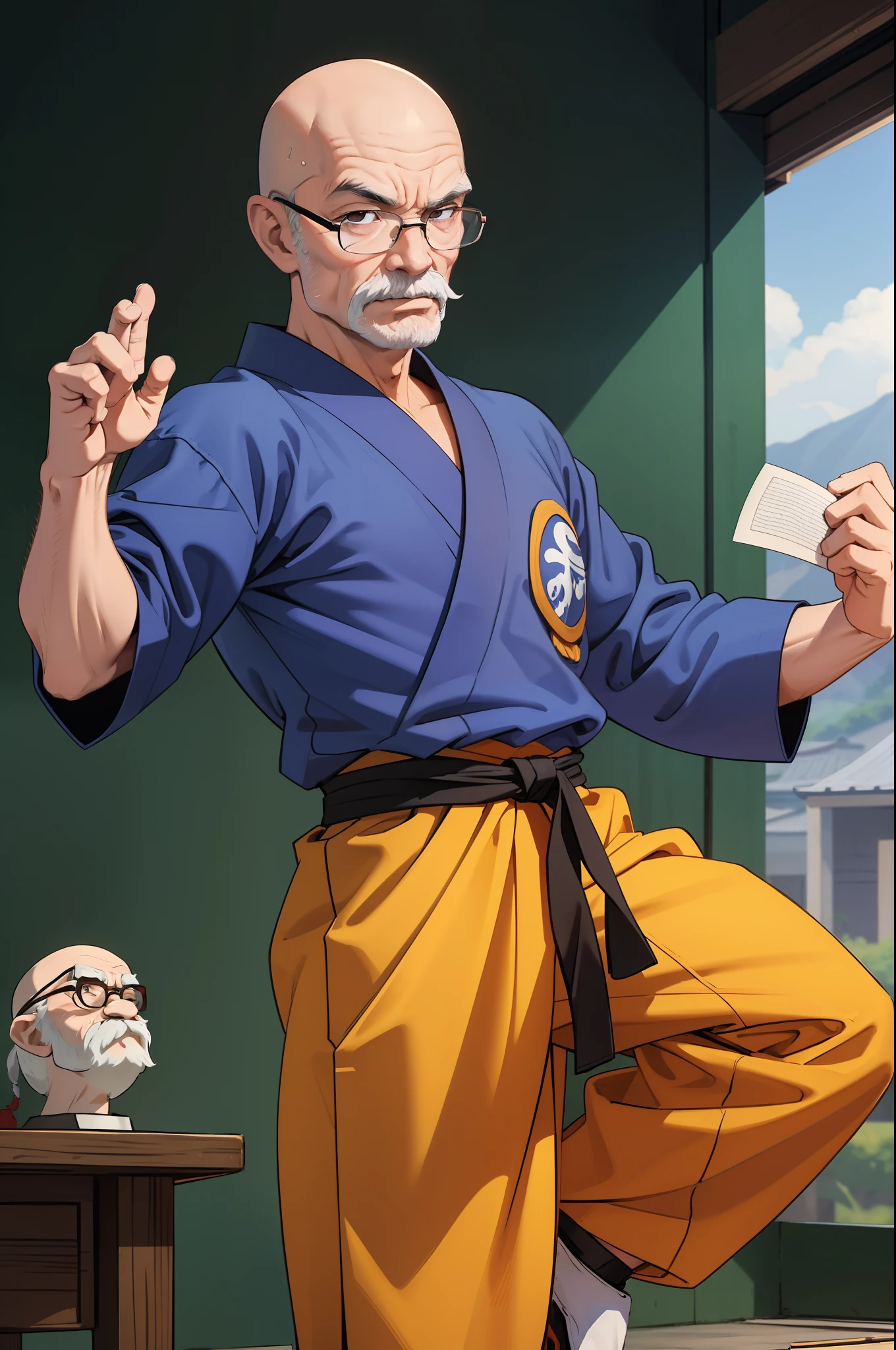 martials arts master, solo, wise man, karate, kung fu, sensei, teacher, old man, short man, age 70, bald, white mustache, squinty-eyed, tung fu rue, master roshi, bifocals, male focus, full body, dojo, gi uniform, cowboy shot, perfect hands