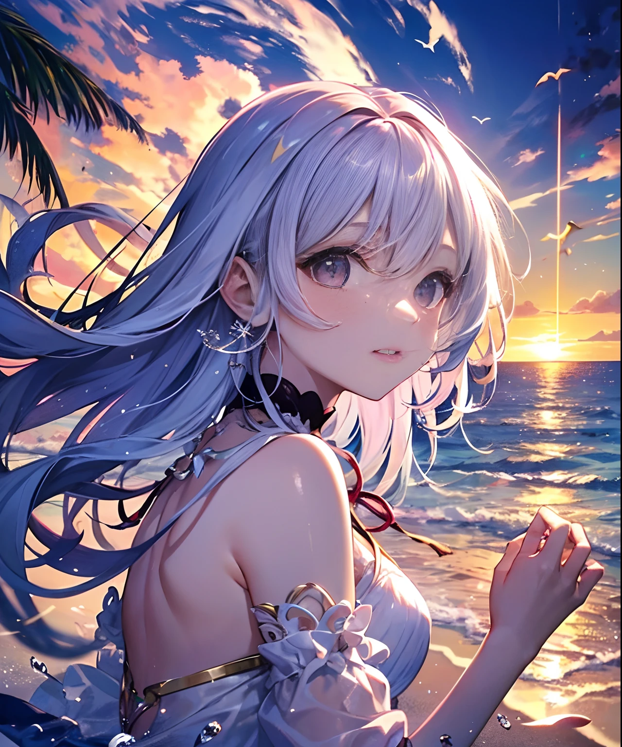 (((masterpiece)))、(((top-quality)))、((ultra-detailliert))、(illustratio)、((extremely delicate and beautiful))、、Bright smile、floating、Light purple hair、(Detailed light) (1girl in)、、独奏、The long-haired、The wind is blowing、A WORLD、(cute eye)、an orange、pink there、Yellow blends to fill the sky、The sunset over the beach is truly mesmerizing。The crystal clear sea gently kisses the shore、White sand beaches stretch everywhere。Seagulls soar high into the sky、It is a dynamic and breathtaking scene with palm trees gently swaying。Embrace a calm atmosphere、Peace washes you。