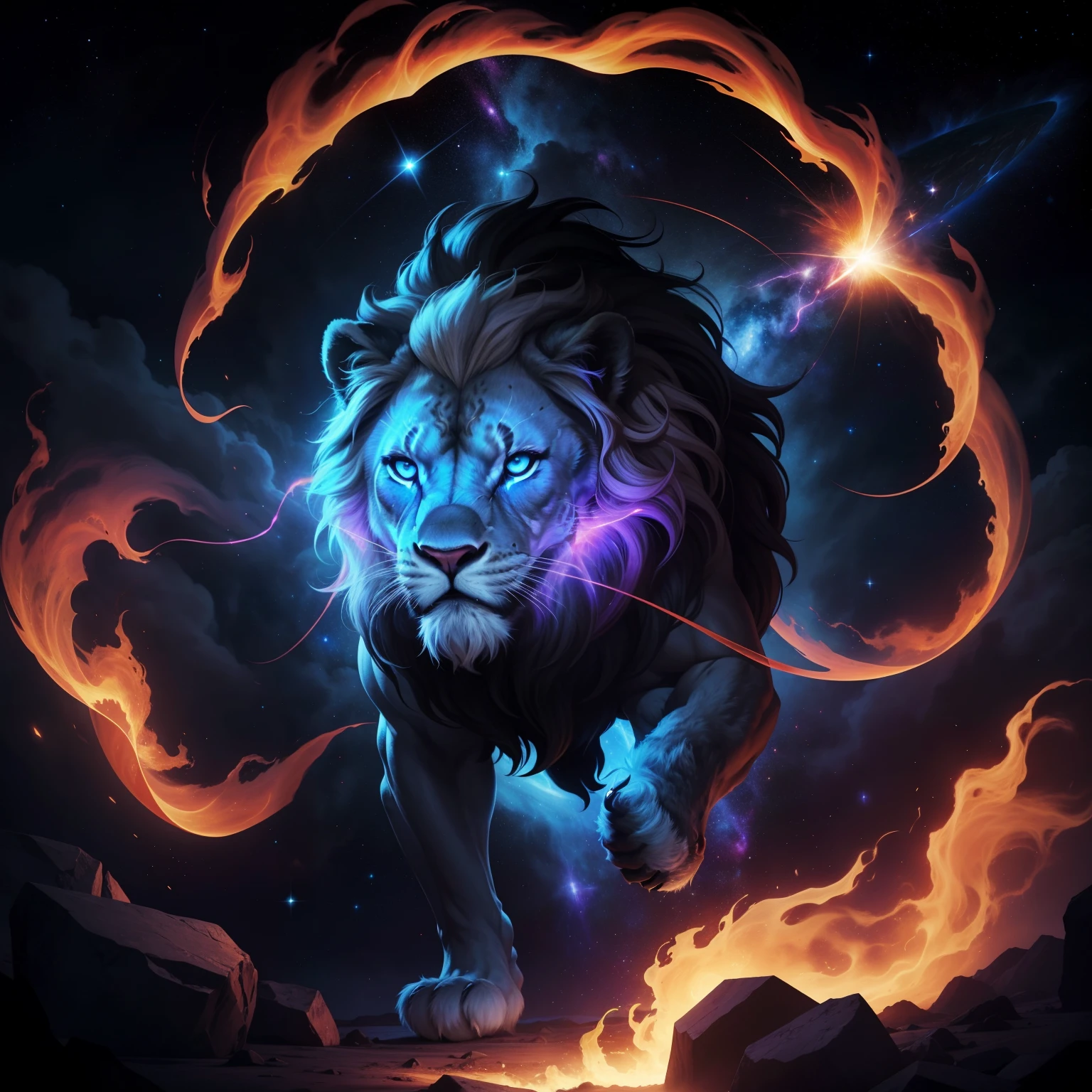 Leonus, Star Eater, cosmic, lion, white dust cloud, cosmic rays, piercing eyes, devouring planets, imposing, frightening, undulating coat of stars, sharp claws like comets, deafening stellar roar, pulsating cosmic energy, sinister glow in the eyes, insatiable hunger for planets, clouds of white dust in constant motion, colossal size, dominant and terrifying presence, menacing aura, vortices of cosmic energy around the body, flaming manes like stellar flames, bright constellations in the fur, dark and mysterious appearance, celestial fury, immeasurable force, cosmic destruction, defiance to the balance of the universe, symbol of stellar annihilation, universal fear, intergalactic predator, celestial shadows, devouring cosmic essence, astral voracity, evil radiance, elegant and deadly movements, silent and inexorable threat, celestial body in the shape of a lion, avenger of the cosmos, transcending the limits of existence, called the distant stars.
These updated parameters reflect the cosmic lion, Leonus, with its white dust cloud body, giving it an albino and mysterious appearance.
