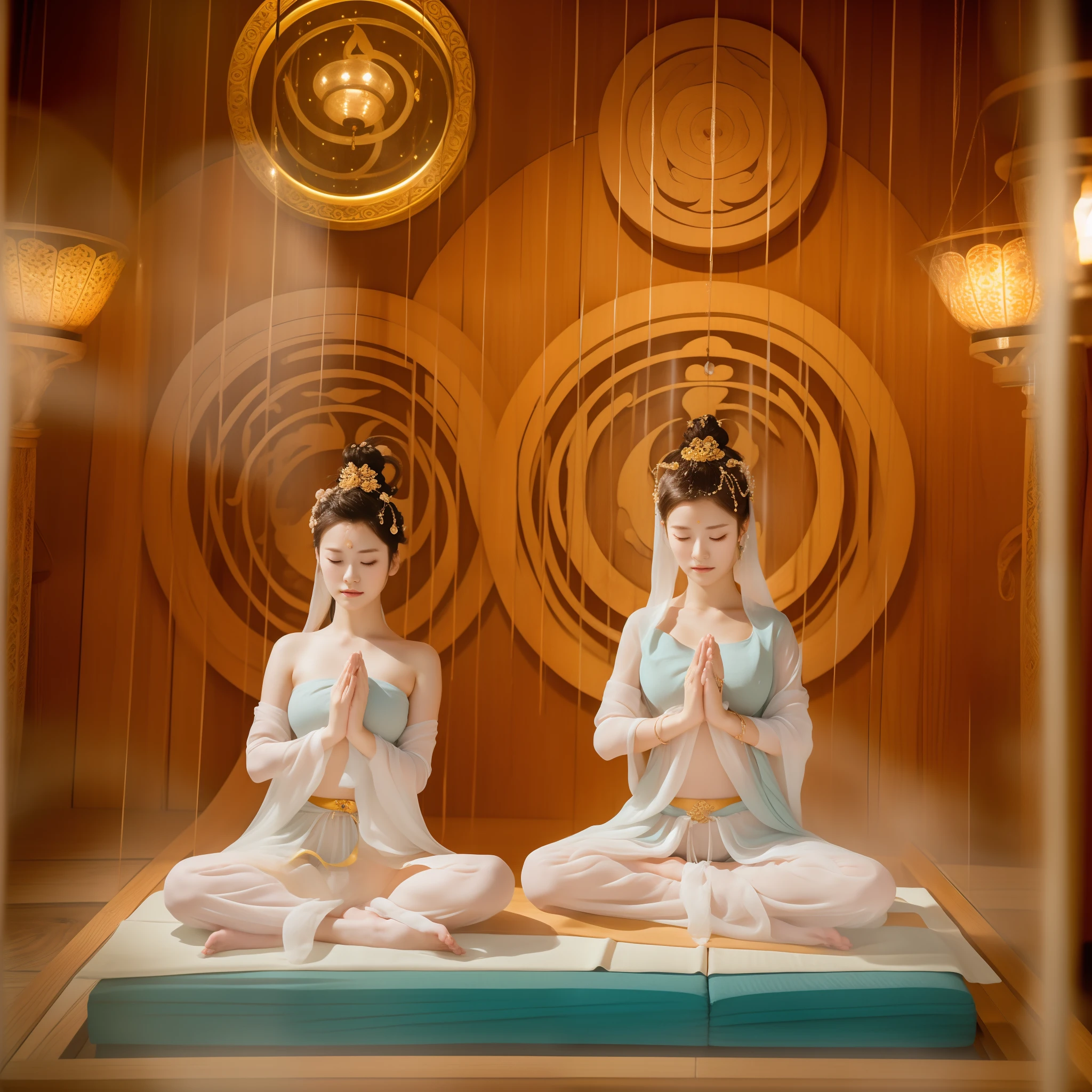 Several naked maids circled cross-legged around a huge sacrificial ceremonyA meditative,8K,Super beautiful,(Do the yoga lotus sitting pose),(Sweat all over your body)