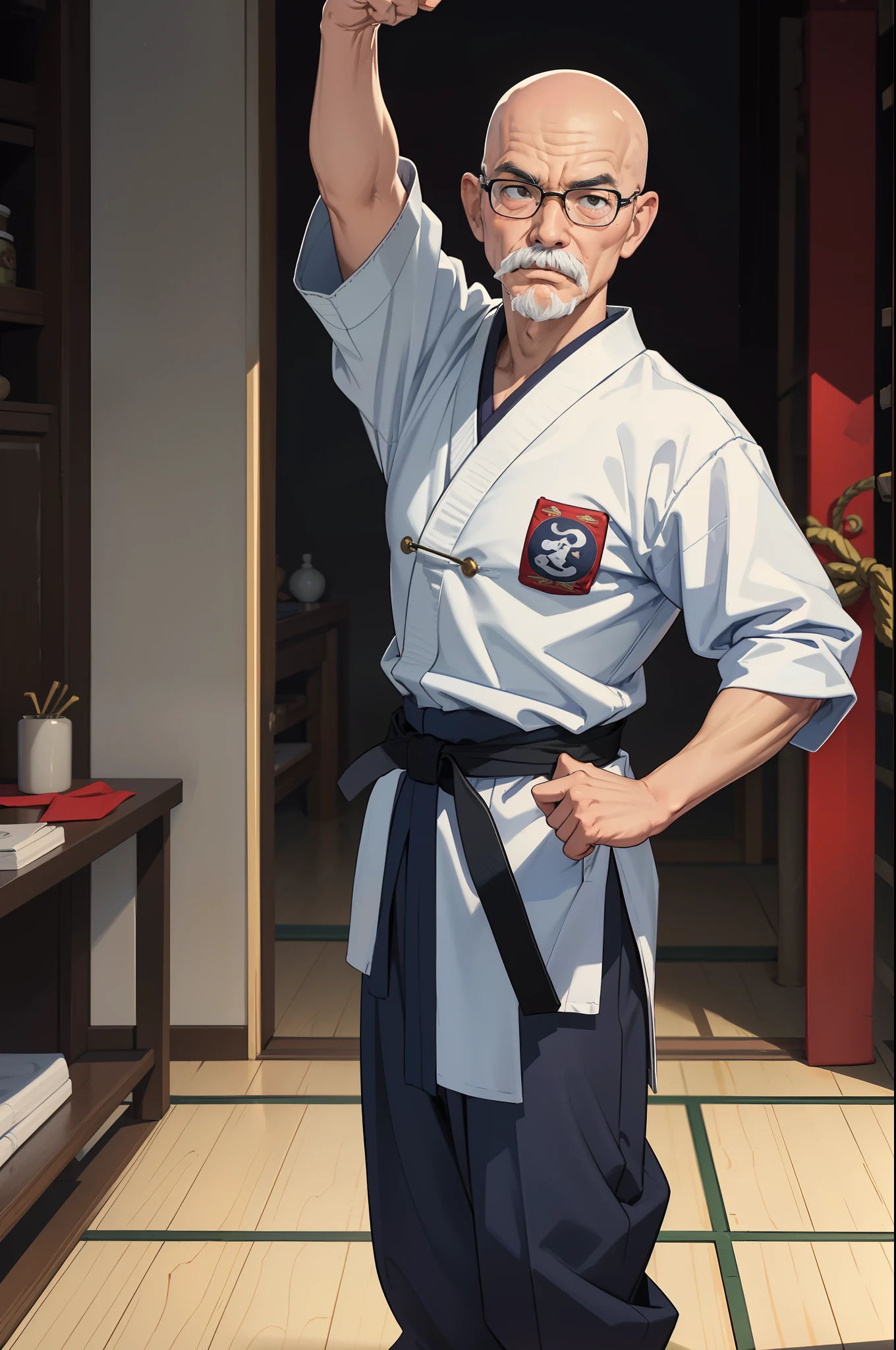 martials arts master, solo, wise man, karate, kung fu, sensei, teacher, old man, short man, age 70, bald, white mustache, squinty-eyed, tung fu rue, master roshi, bifocals, male focus, full body, dojo, gi uniform, cowboy shot, perfect hands