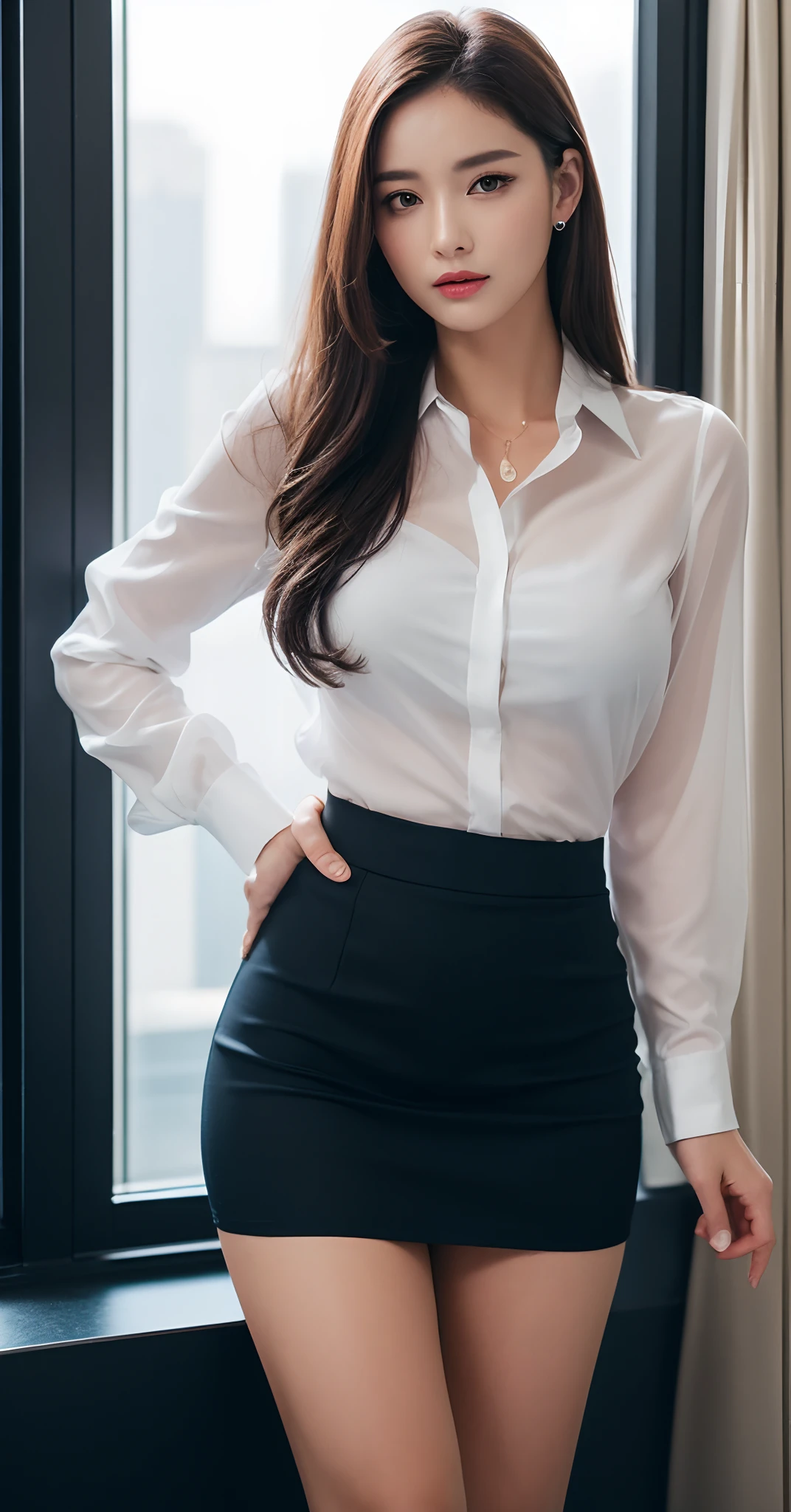 (Best quality, 8k, 32k, Masterpiece, UHD:1.2), from behind, 1 walking girl, beautiy Japanese office lady, (smile:0.5), (looking at the the viewer), 30 years old, bit chubby, white shirt, black skirt, office room, desk, (small breasts, buttocks:1.2), detailed beautiful face, wavy pony-tail hair, from below,