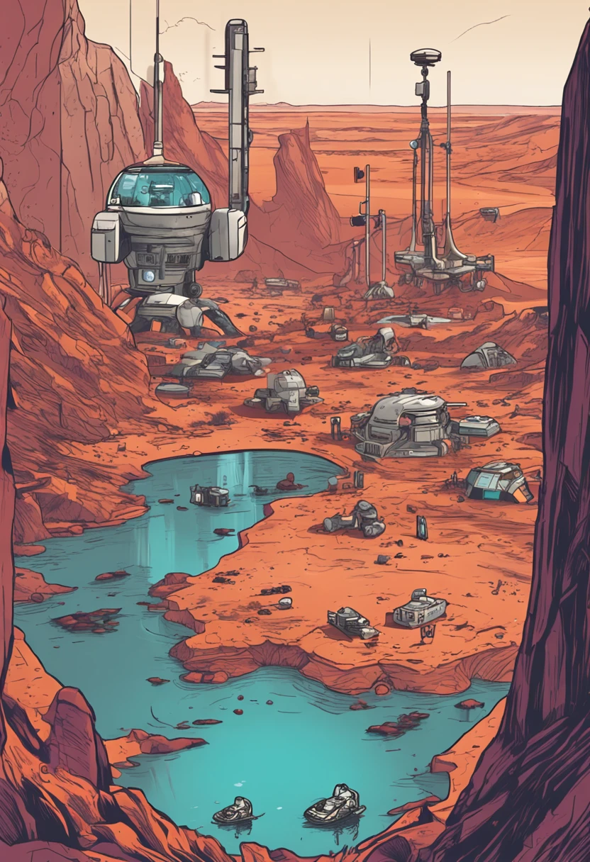 First colony on Mars with residents inside watching a robot on an expedition in search of water on Mars
