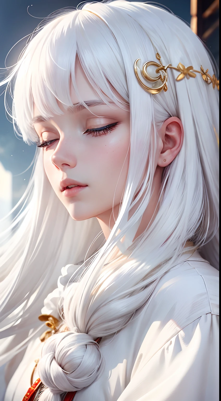 best quality, white hair, gold eyes, white clothes, looking up, hair strand, Fair skin, sleeping