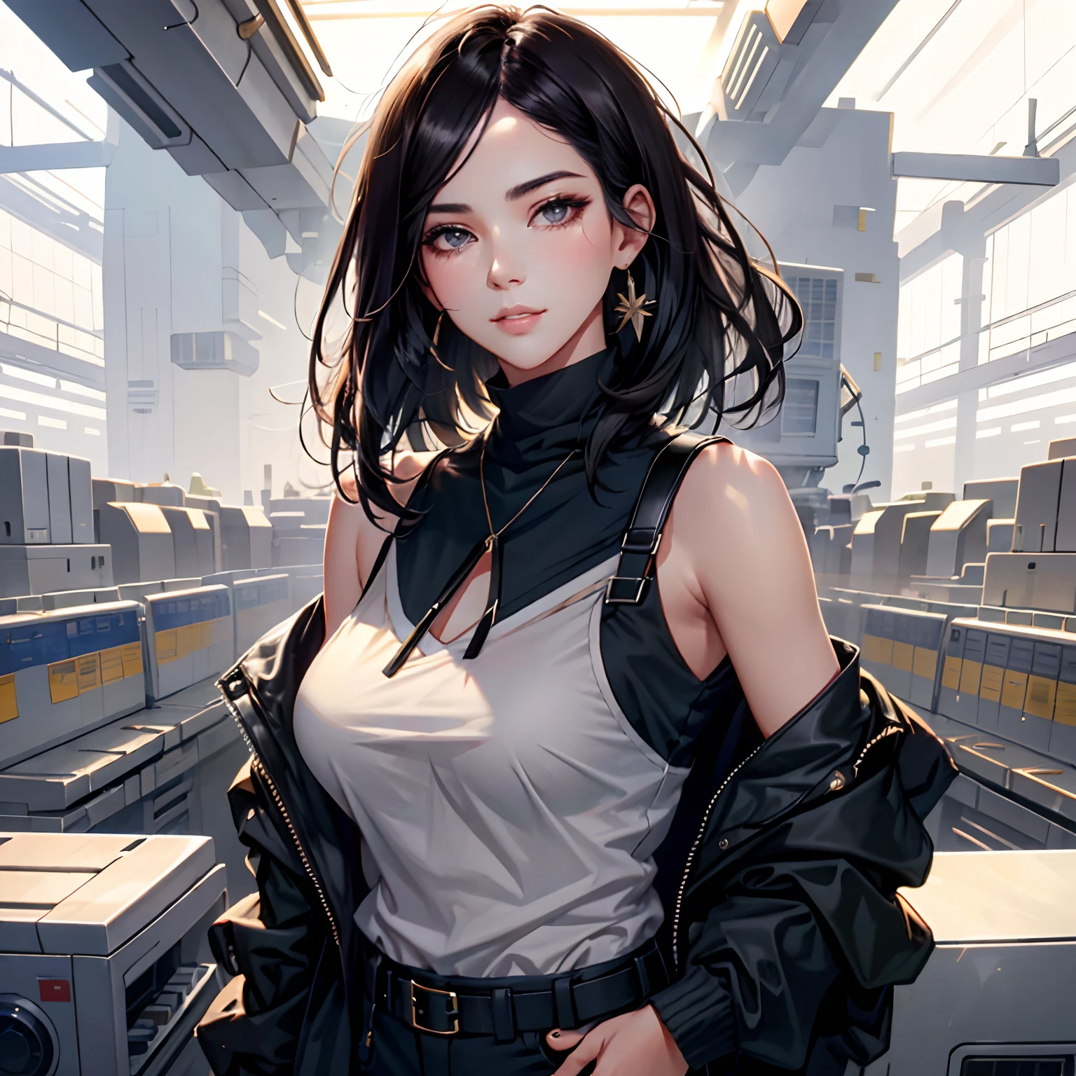 Young and beautiful,Shoulder-length black hair,Workplace style,Delicate facial features,hyper photorealism,Delicate skin,Eye level focus,Bigchest,clothes exposed,Alvine