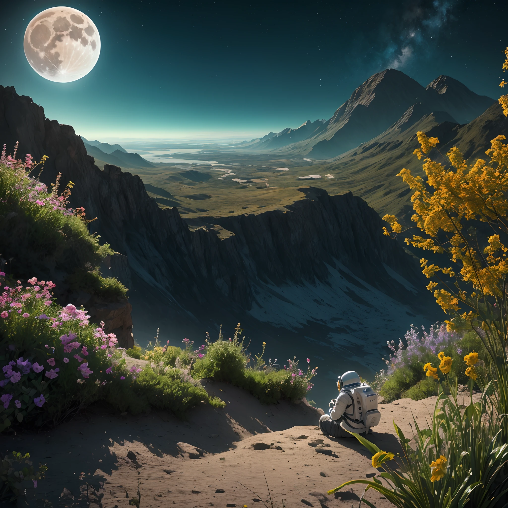 Lost in Luminescence: A lone astronaut rests on the moon, embraced by a garden of celestial glowing flora. Amidst this radiant scene, the Earth hangs in the sky, a distant yet cherished sight. Capture the poignant moment of longing as the astronaut finds solace in the luminous embrace of this lunar oasis while gazing wistfully back at the distant blue and green world they once called home --auto