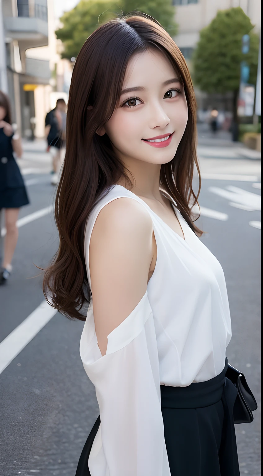 masutepiece, Best Quality, Illustration, Ultra-detailed, finely detail, hight resolution, 8K Wallpaper, Perfect dynamic composition, Beautiful detailed eyes, doress,Medium Hair, Natural Color Lip, Random and sexy poses,Smile,Aoyama Street Walk、20 years girl